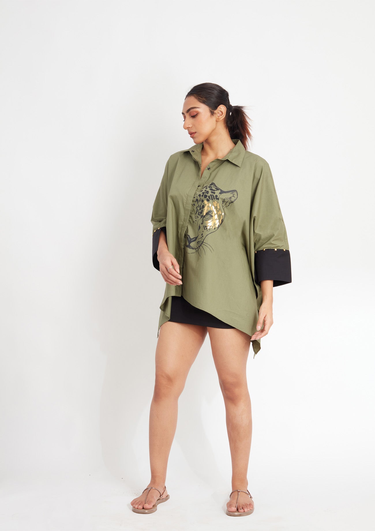 Olive Loose Fit Cotton Poncho Shirt with Foil Print