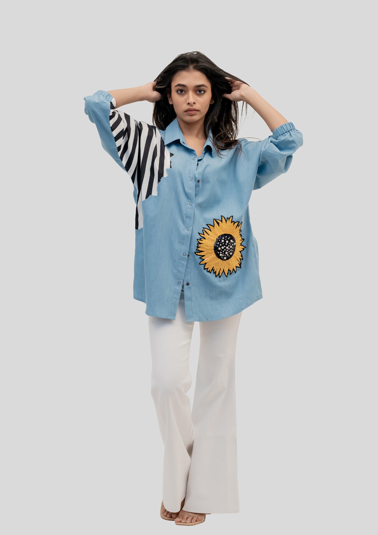 Blue Cotton Denim Shirt with Embroidery