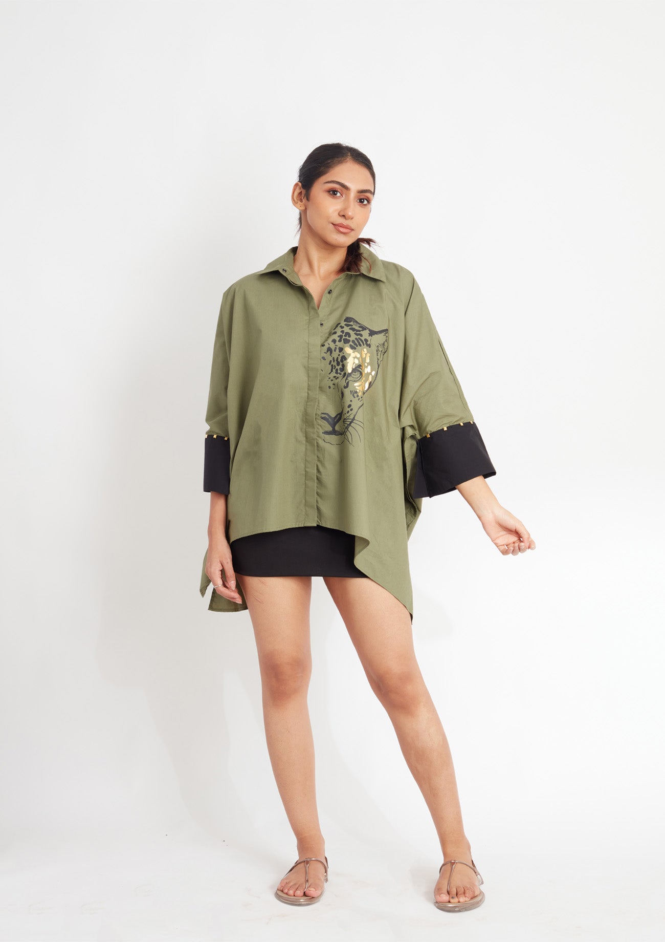 Olive Loose Fit Cotton Poncho Shirt with Foil Print