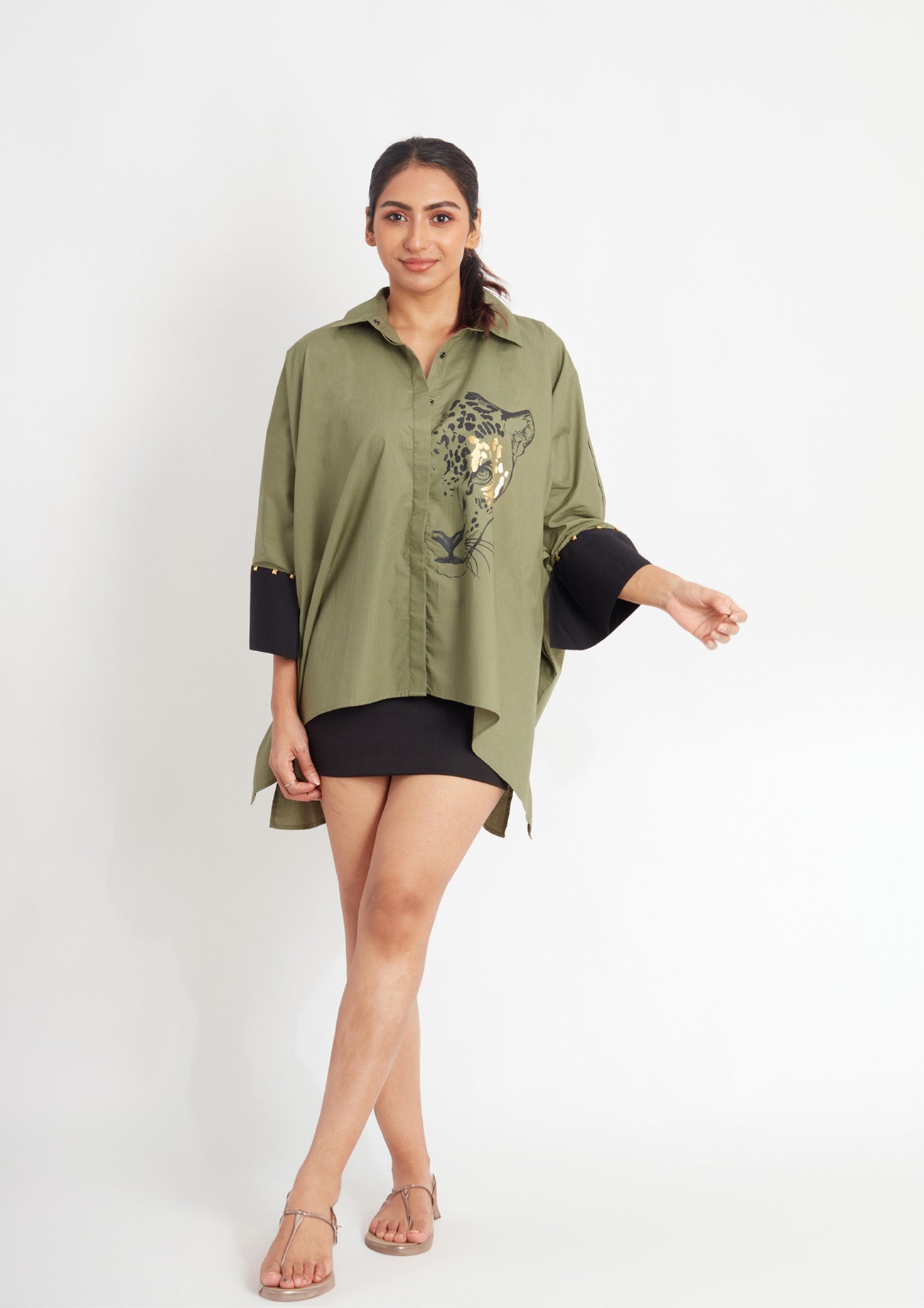 Olive Loose Fit Cotton Poncho Shirt with Foil Print