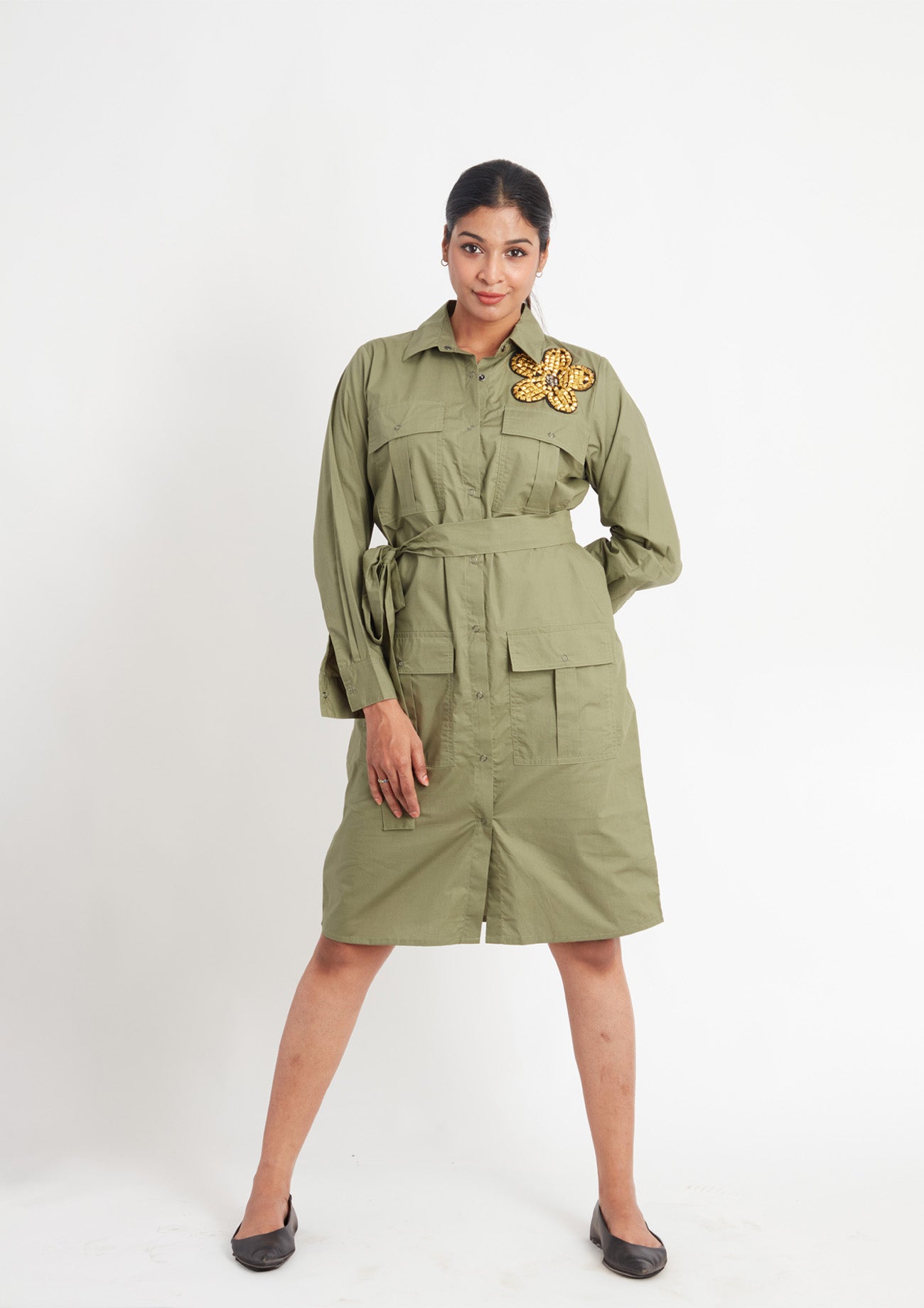 Olive One Piece Cotton Dress with Embroidery and Belt