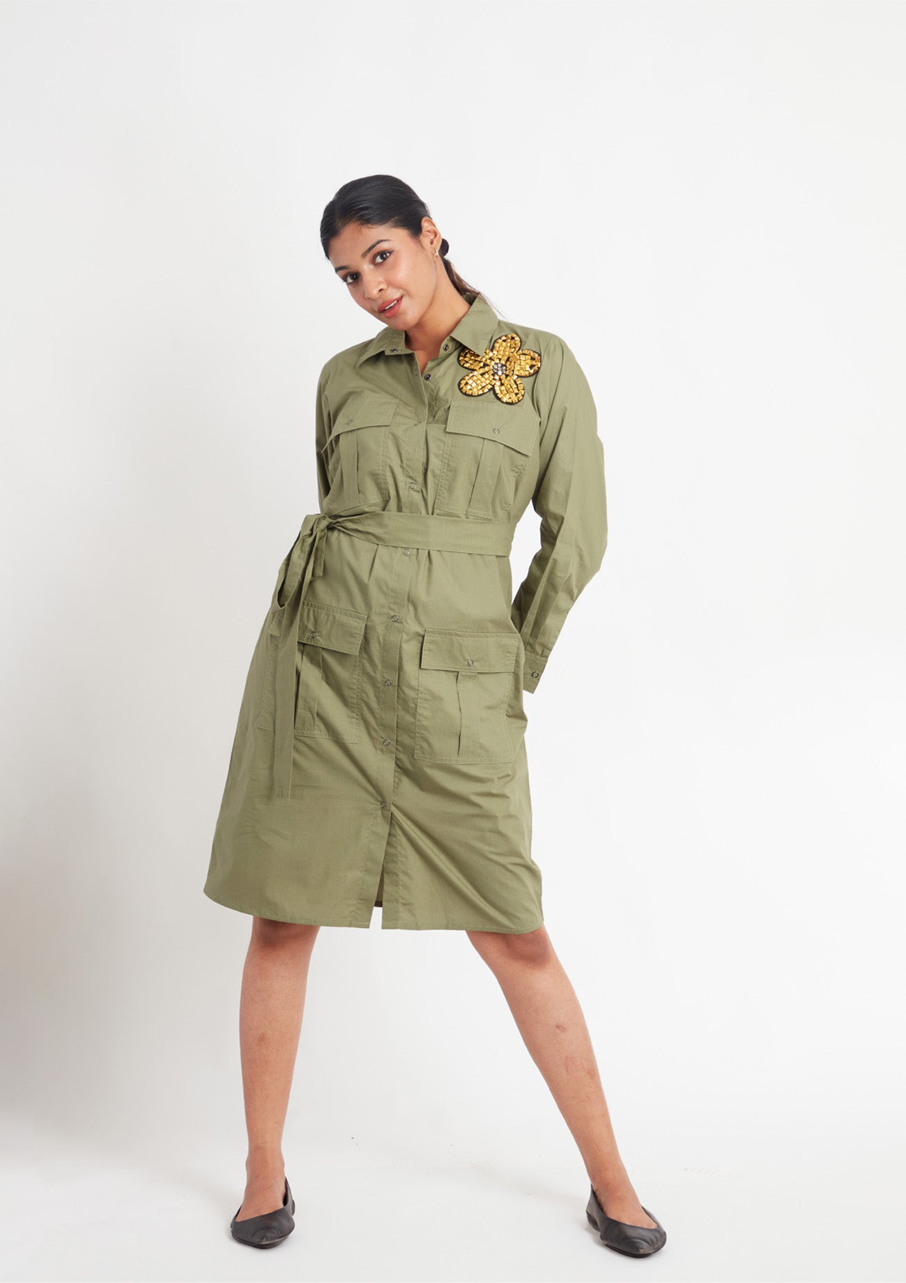 Olive One Piece Cotton Dress with Embroidery and Belt