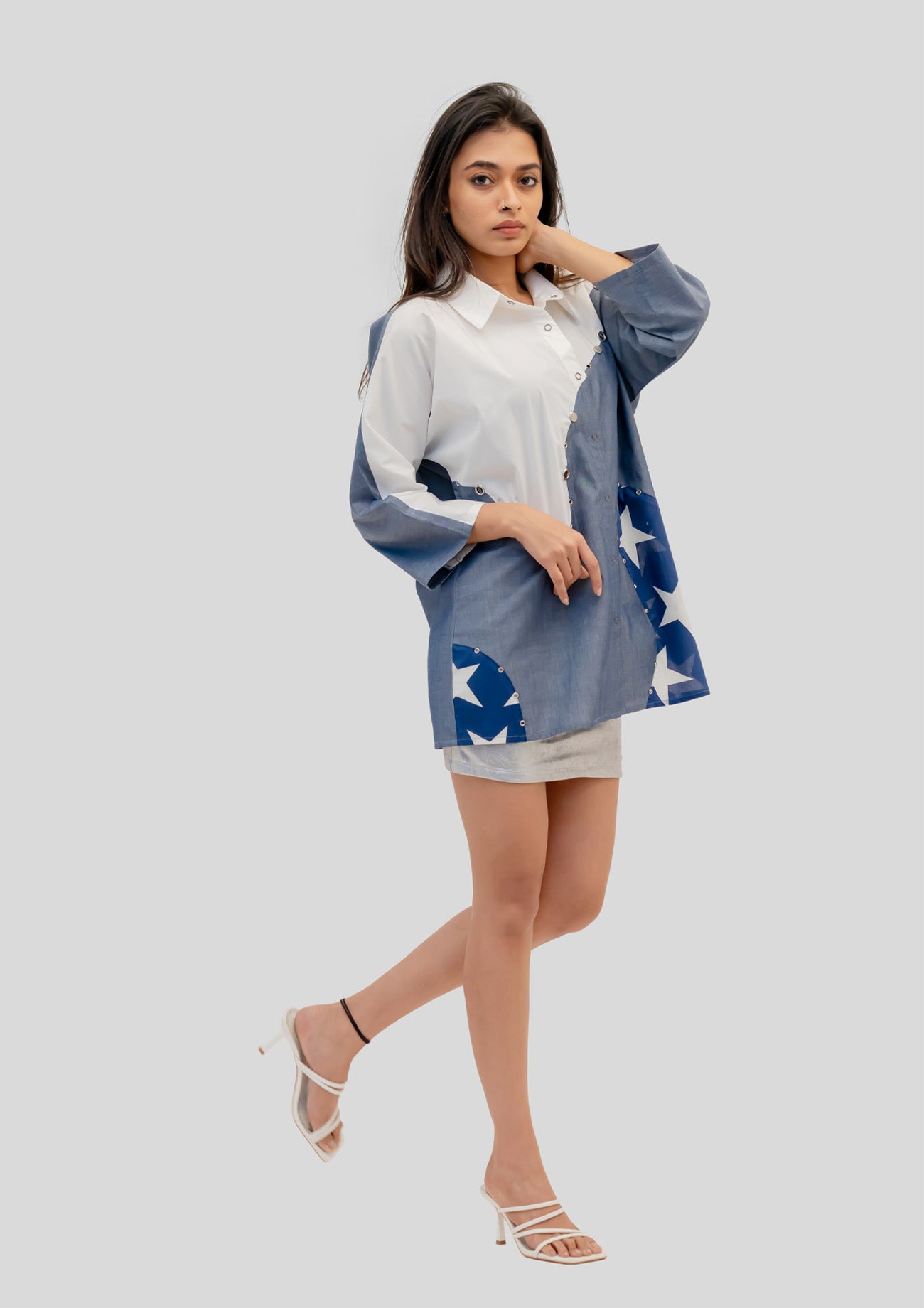 Cotton Combo Shirt with Stud Highlights