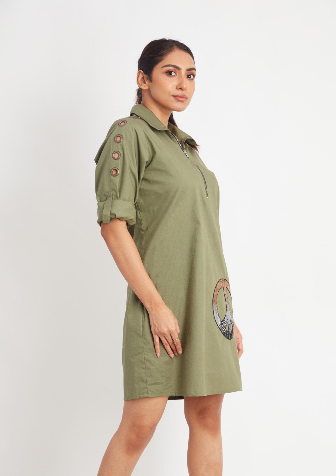 Olive One Piece Dress with Embroidery and Eyelets