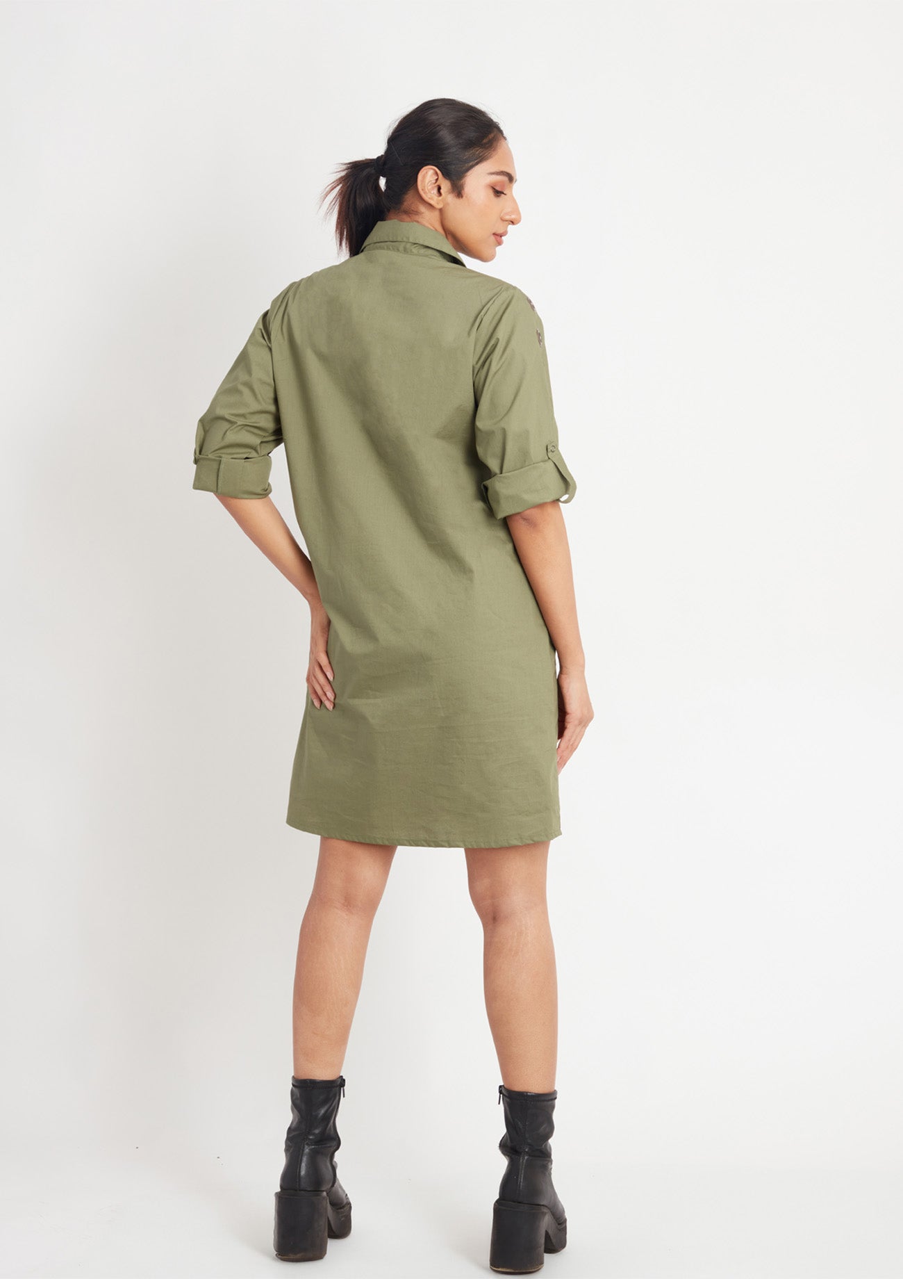 Olive One Piece Dress with Embroidery and Eyelets