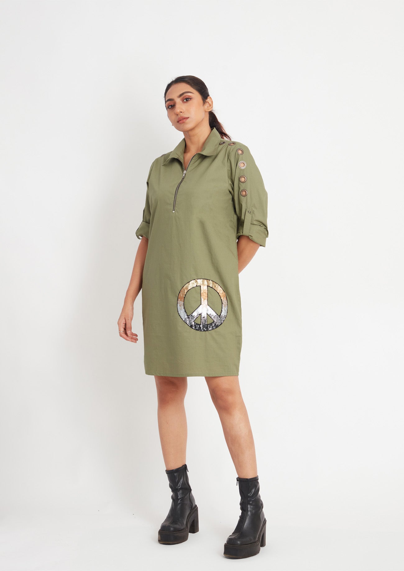 Olive One Piece Dress with Embroidery and Eyelets