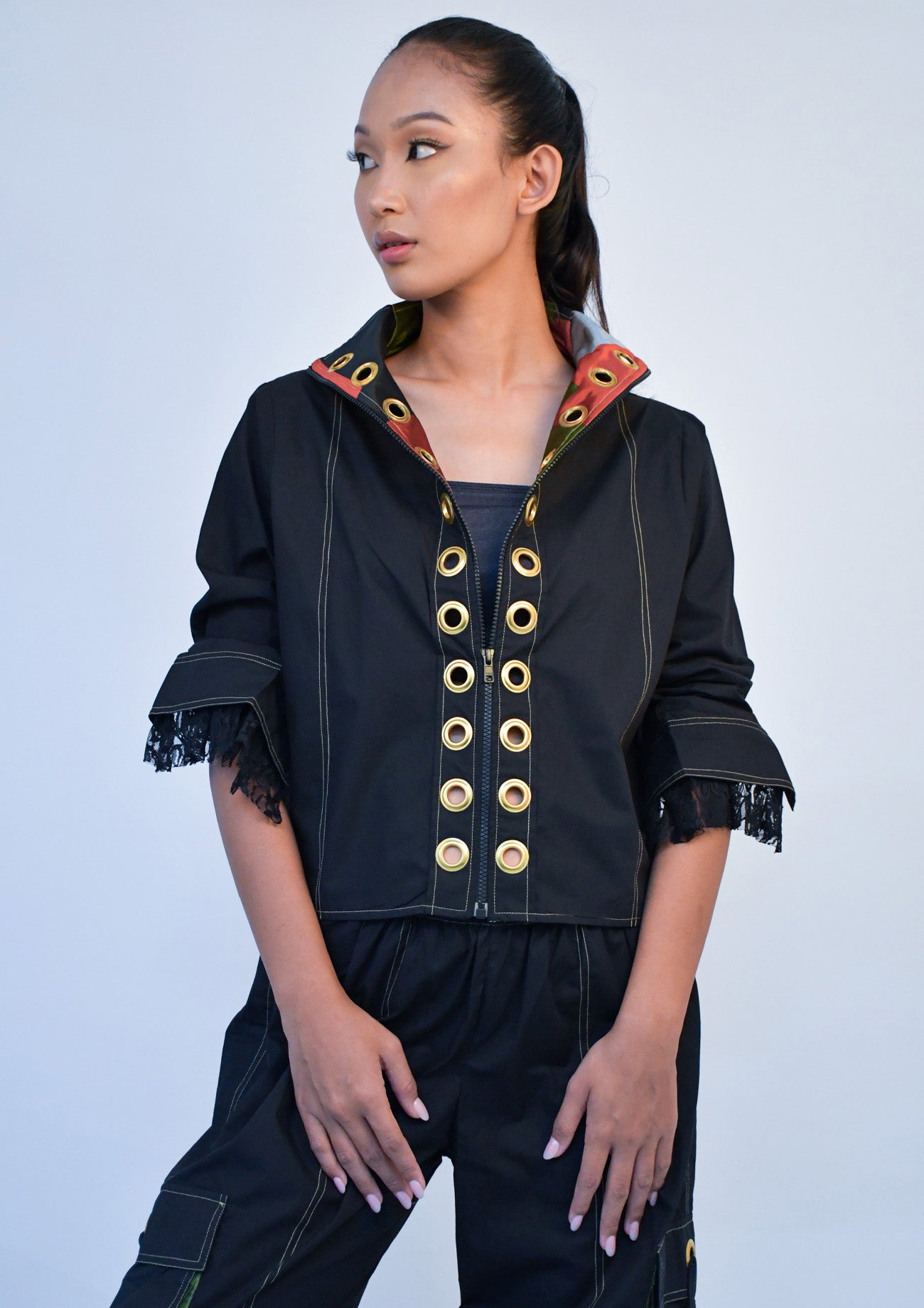 Black Jacket with Cargo Pants with Eyelets