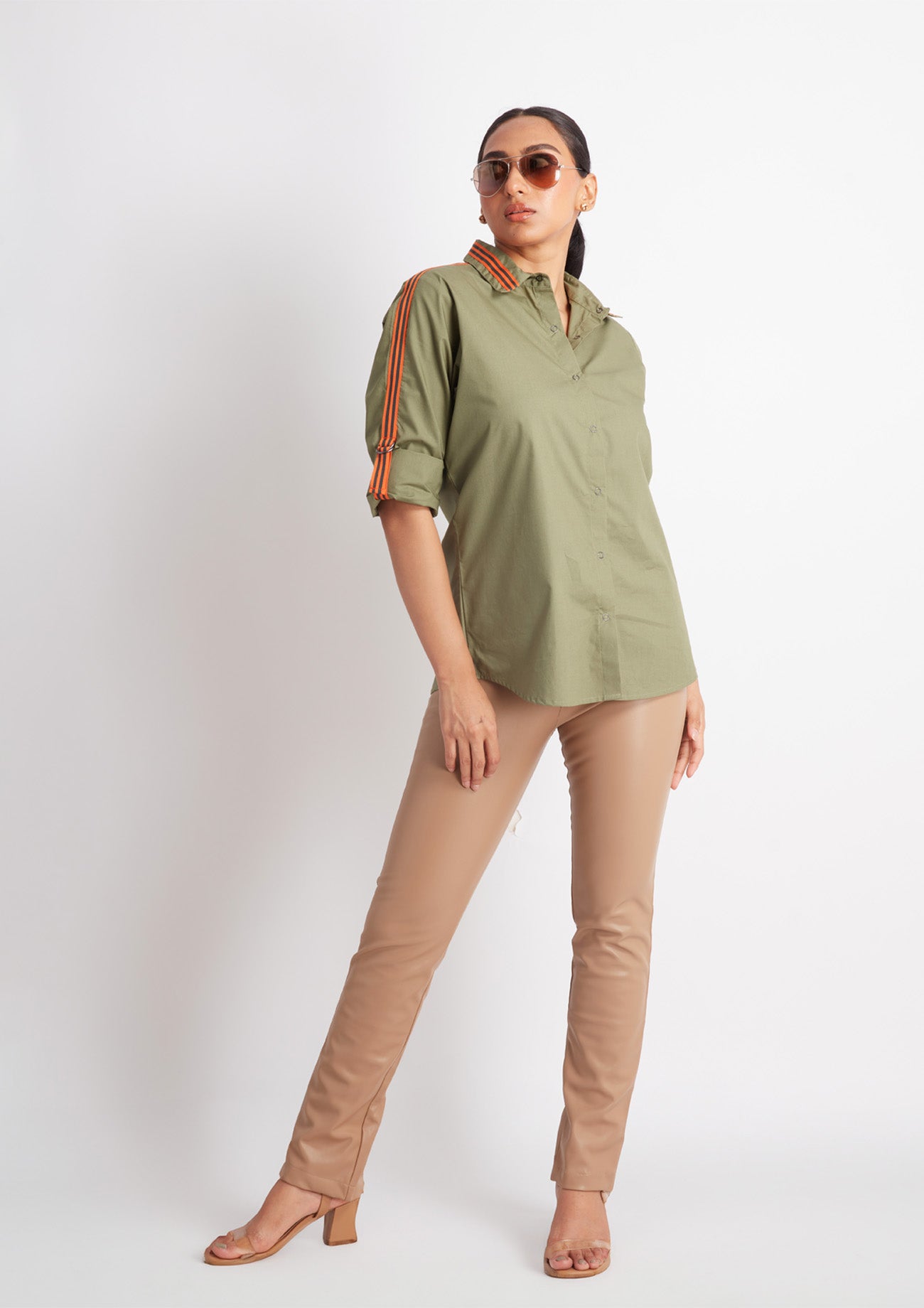 Olive Comfort Fit Cotton Shirt with Embroidery