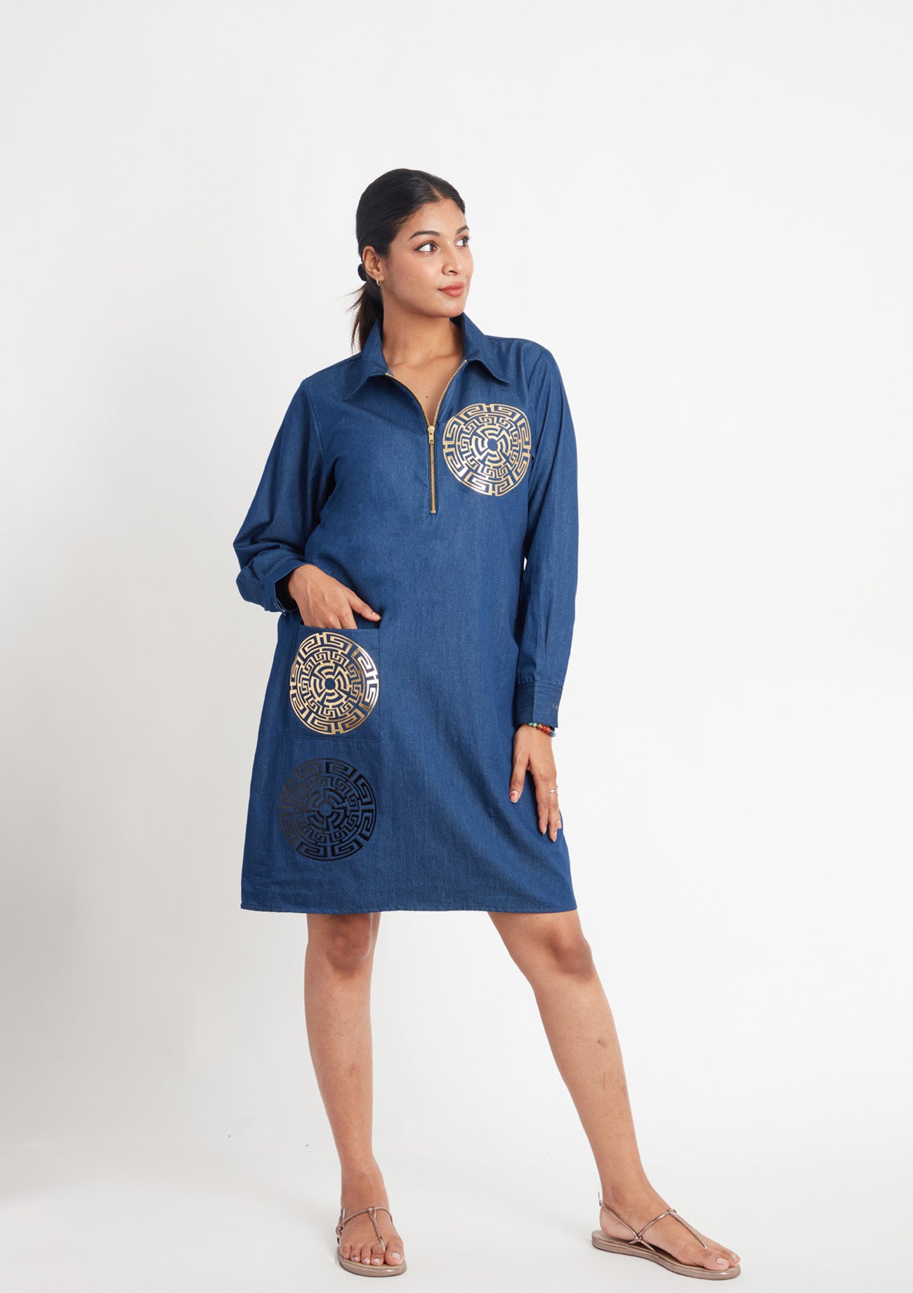 Denim One Piece Dress with Pocket and Applique