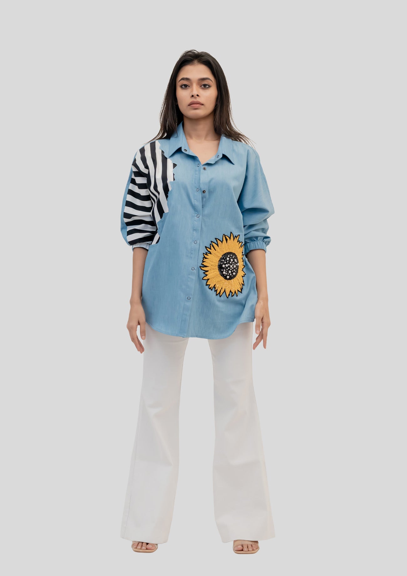 Blue Cotton Denim Shirt with Embroidery