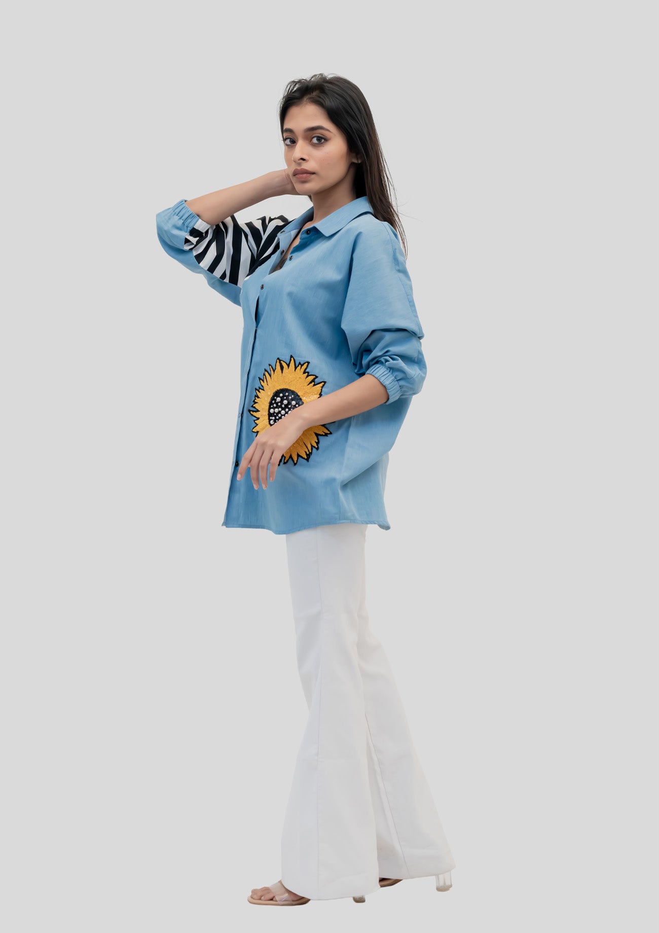 Blue Cotton Denim Shirt with Embroidery
