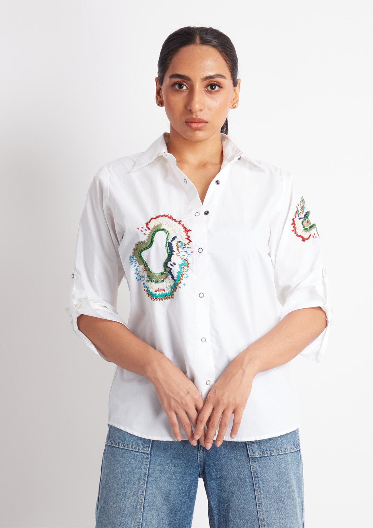 White Comfort Fit Cotton Shirt with Embroidery