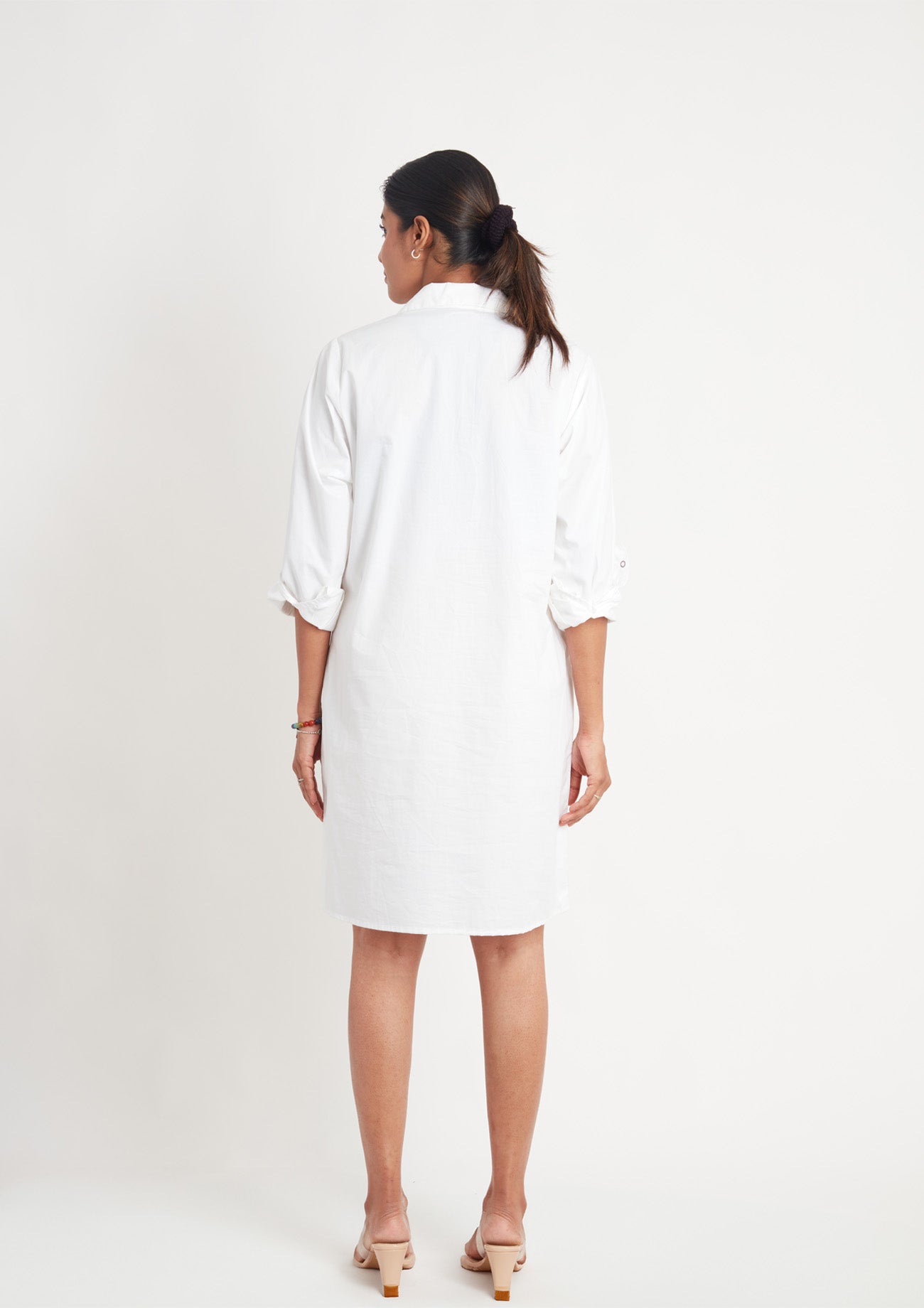 White One Piece Cotton Dress with Eyelets and Snap Buttons