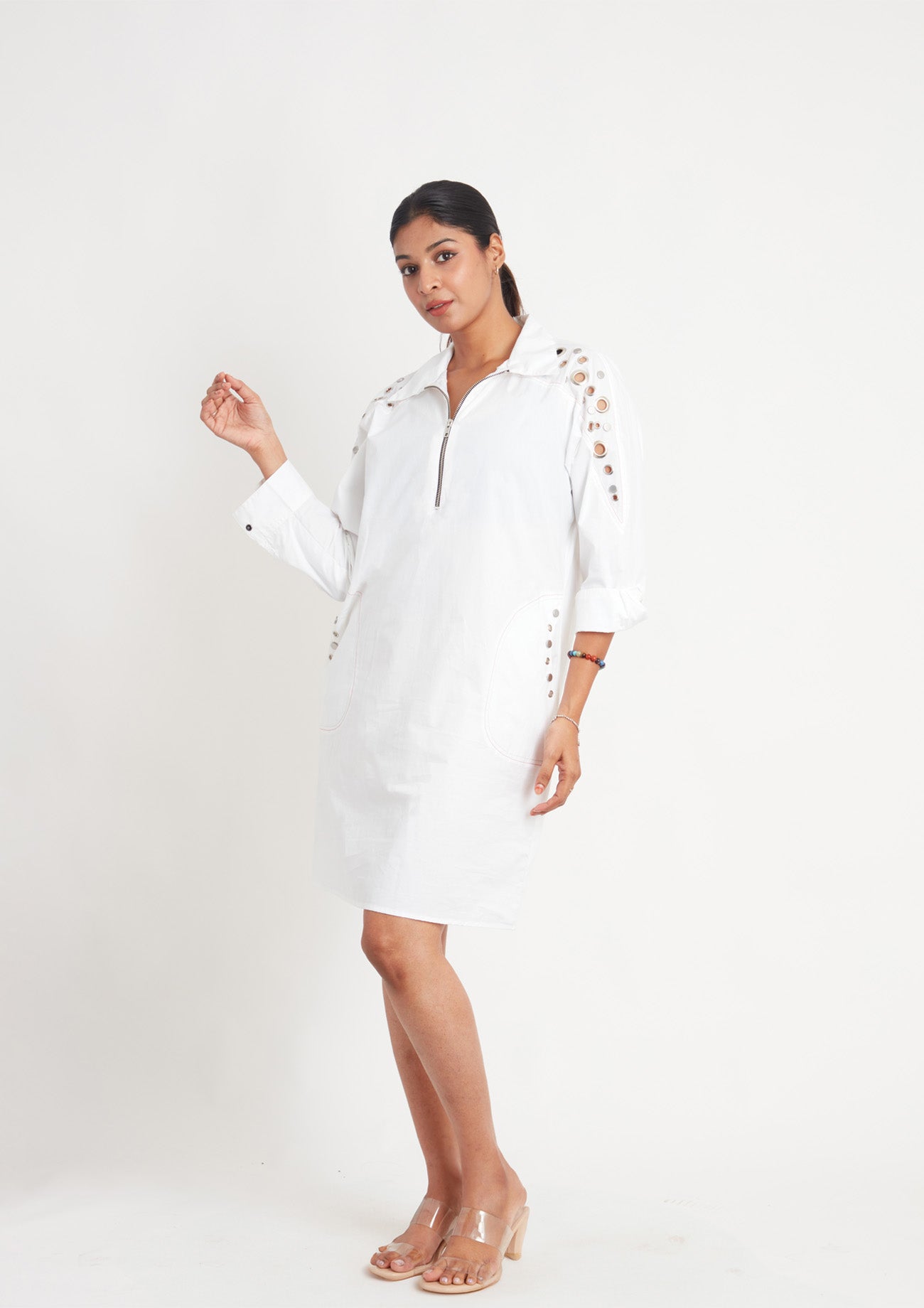 White One Piece Cotton Dress with Eyelets and Snap Buttons