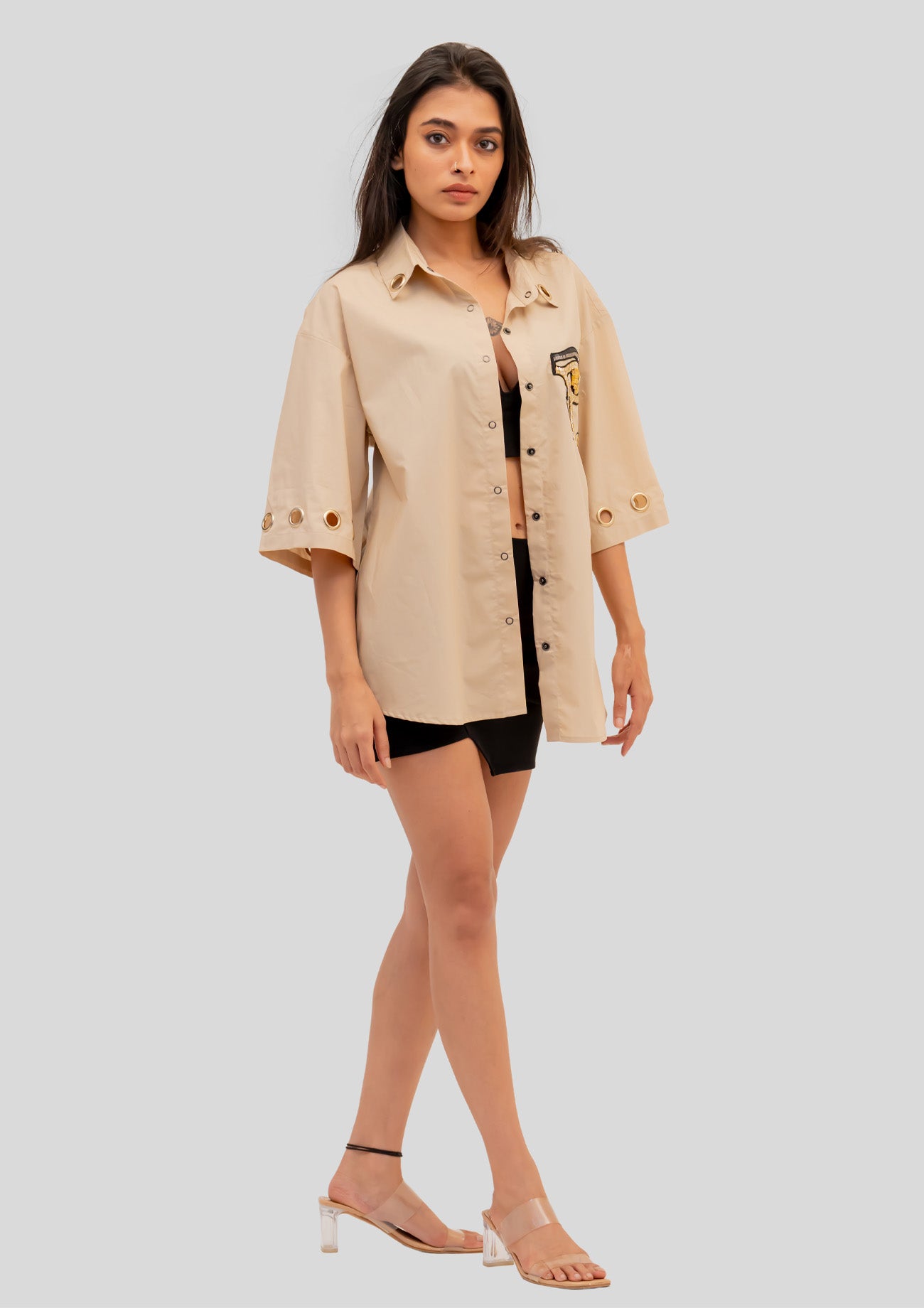 Beige Cotton Oversized Shirt with Embroidery