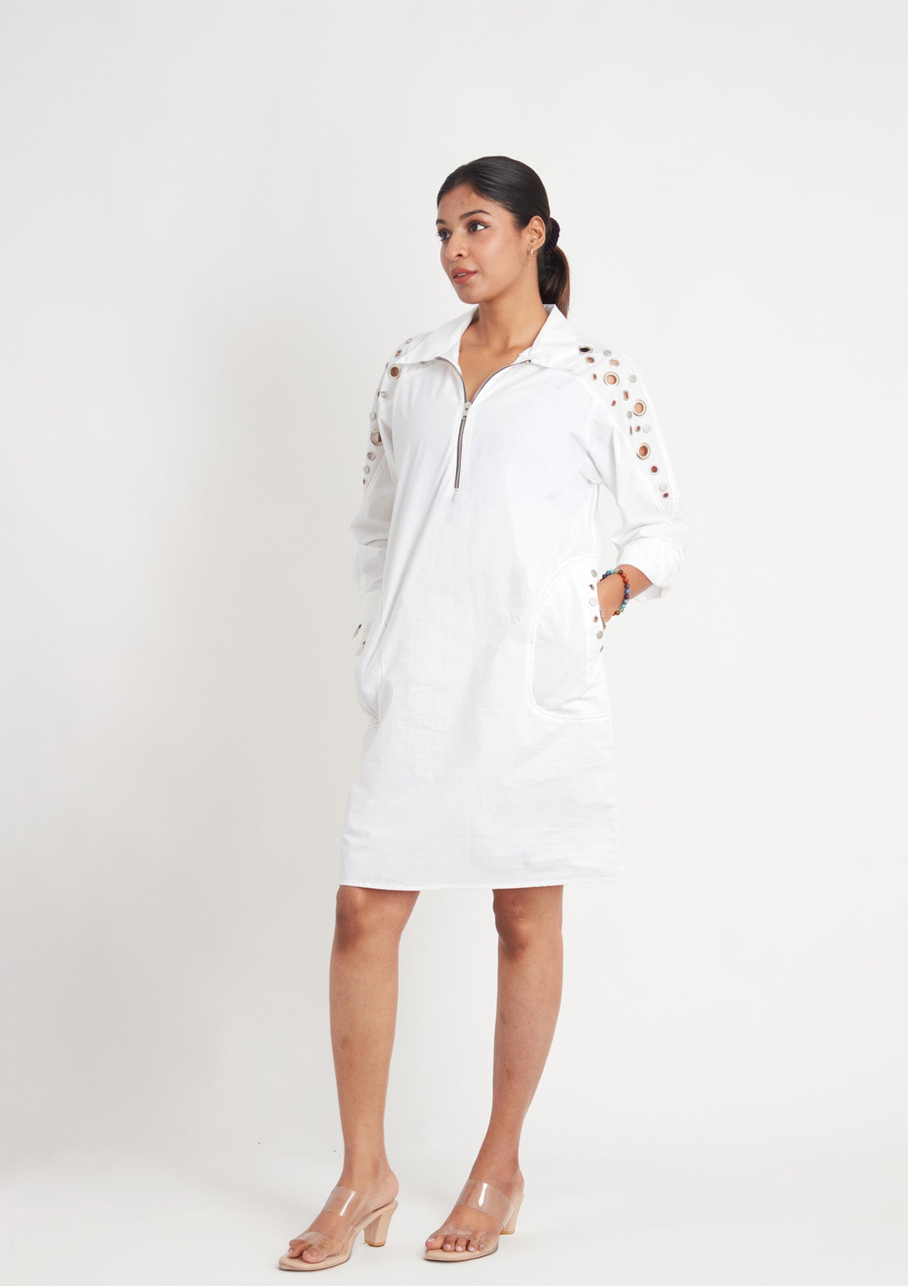 White One Piece Cotton Dress with Eyelets and Snap Buttons