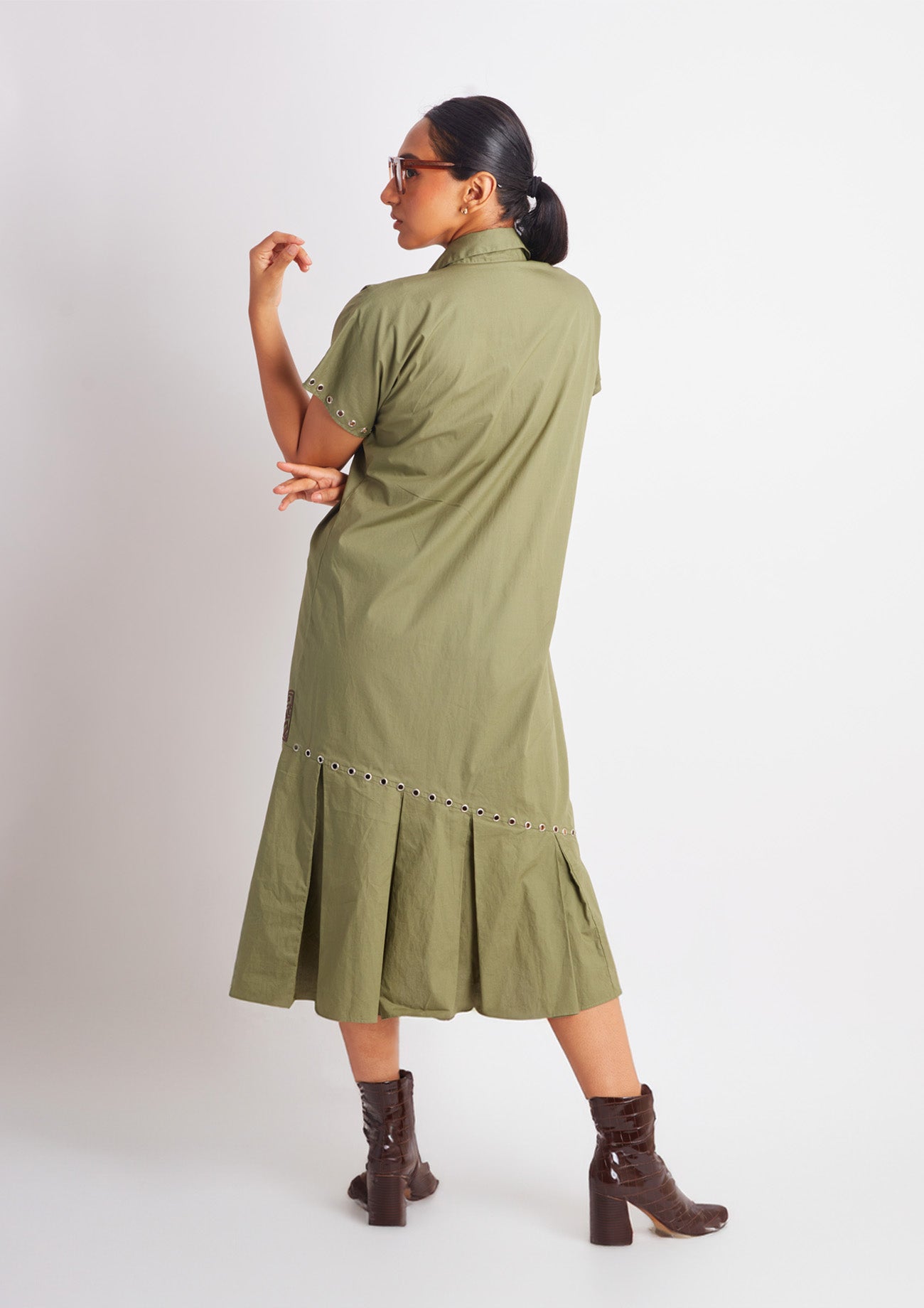 Olive One Piece Cotton Dress with Applique