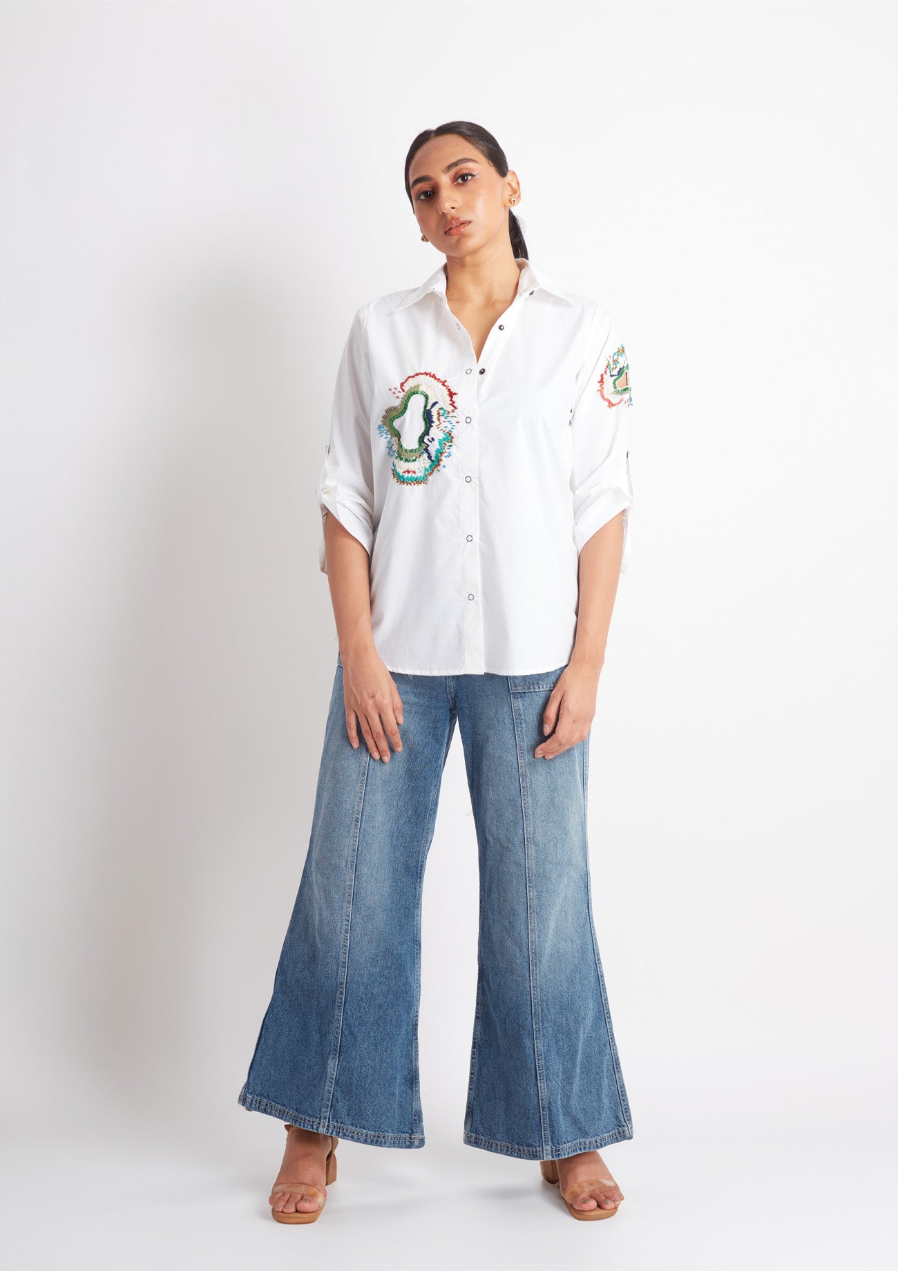 White Comfort Fit Cotton Shirt with Embroidery