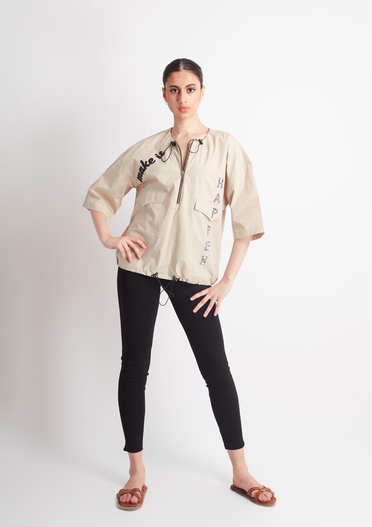 Beige Comfort Fit Cotton Shirt with Embroidery