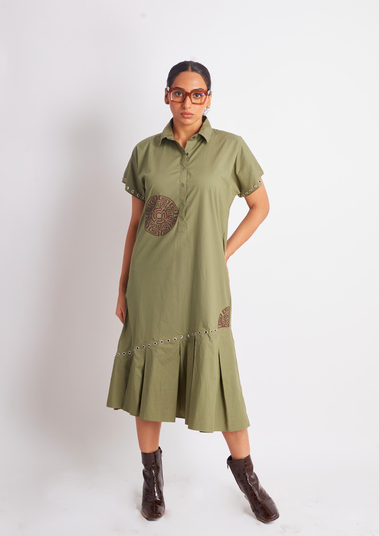 Olive One Piece Cotton Dress with Applique