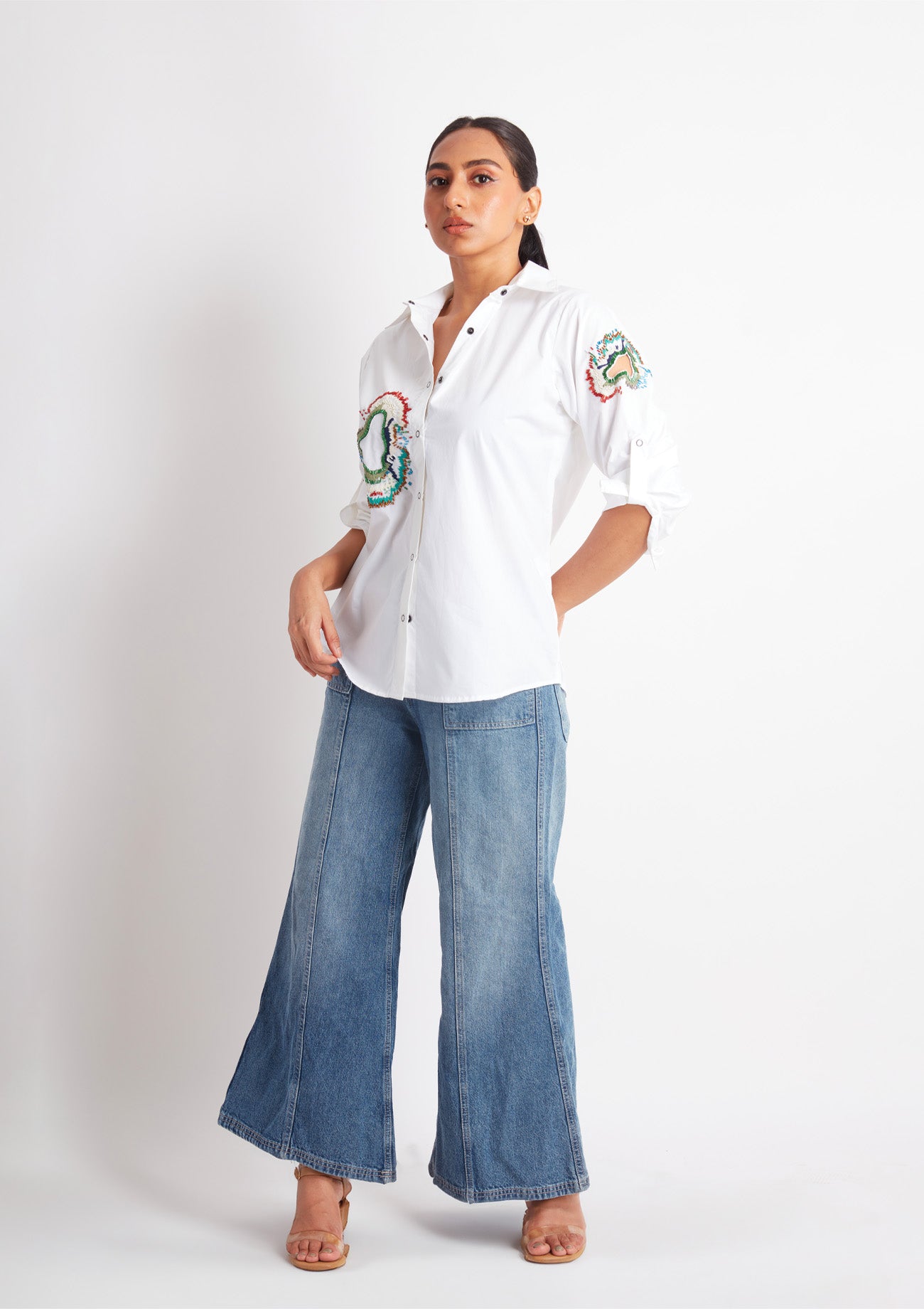 White Comfort Fit Cotton Shirt with Embroidery