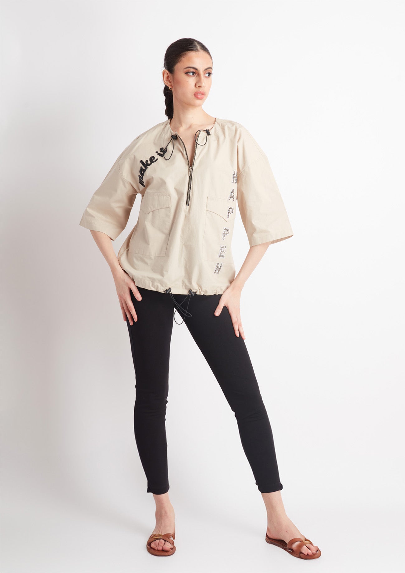 Beige Comfort Fit Cotton Shirt with Embroidery