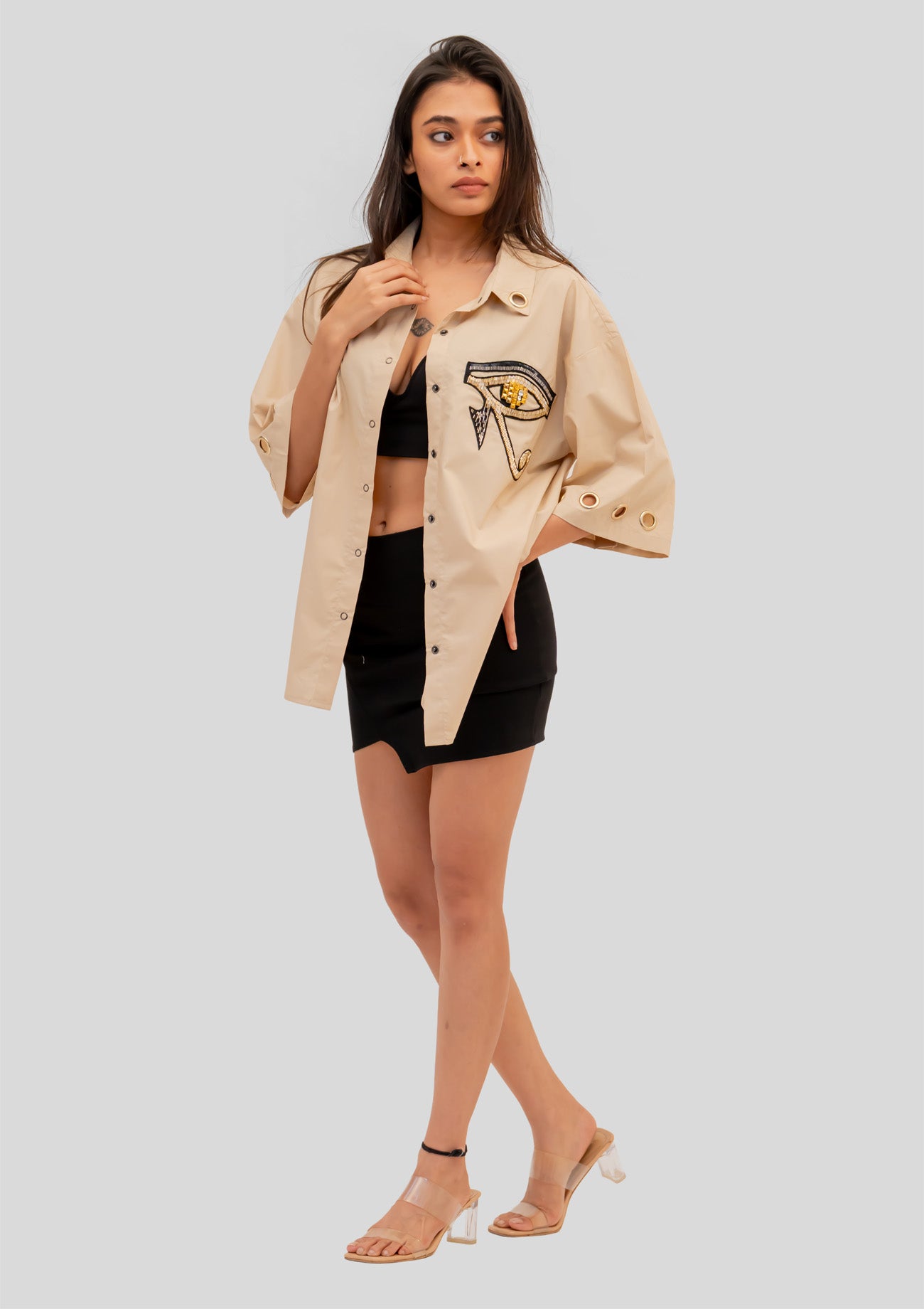 Beige Cotton Oversized Shirt with Embroidery