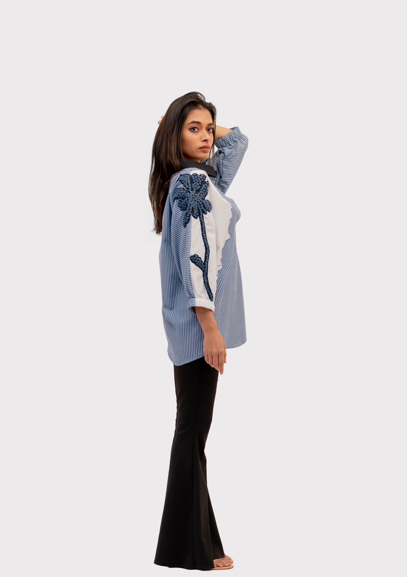 Blue Stripe and White Cotton Shirt with Embroidery