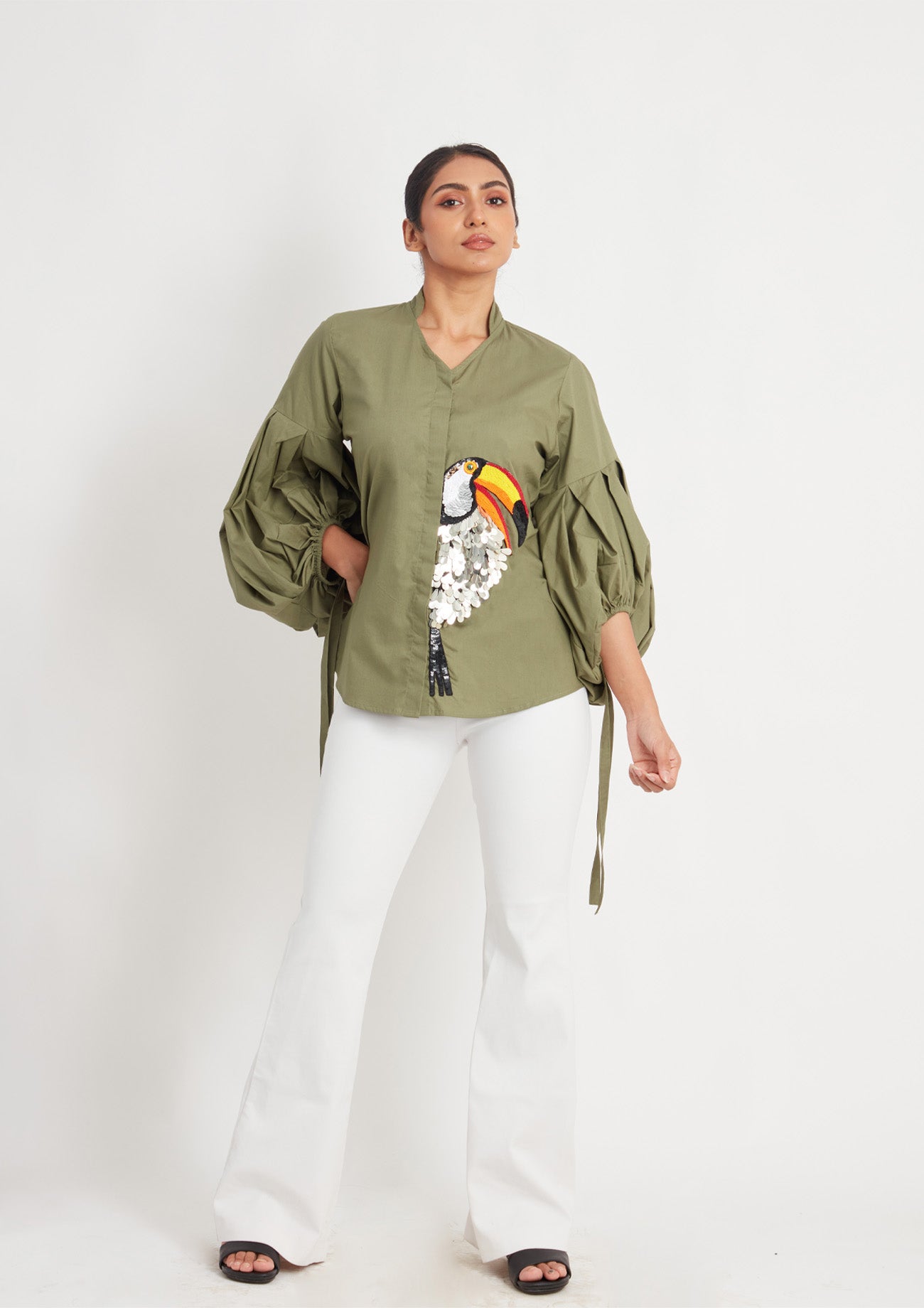 Olive Comfort Fit Cotton Shirt with Balloon Sleeves