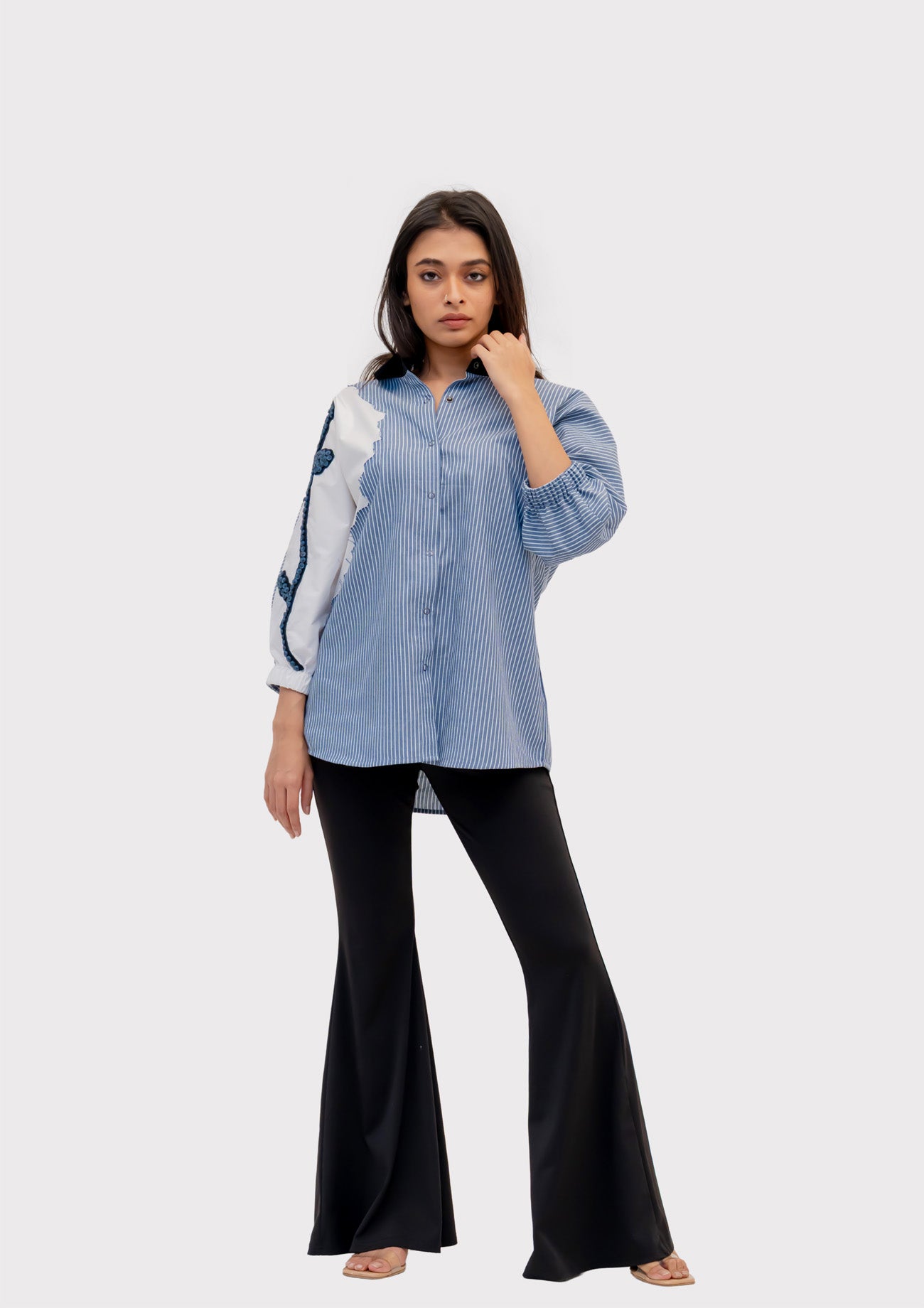 Blue Stripe and White Cotton Shirt with Embroidery