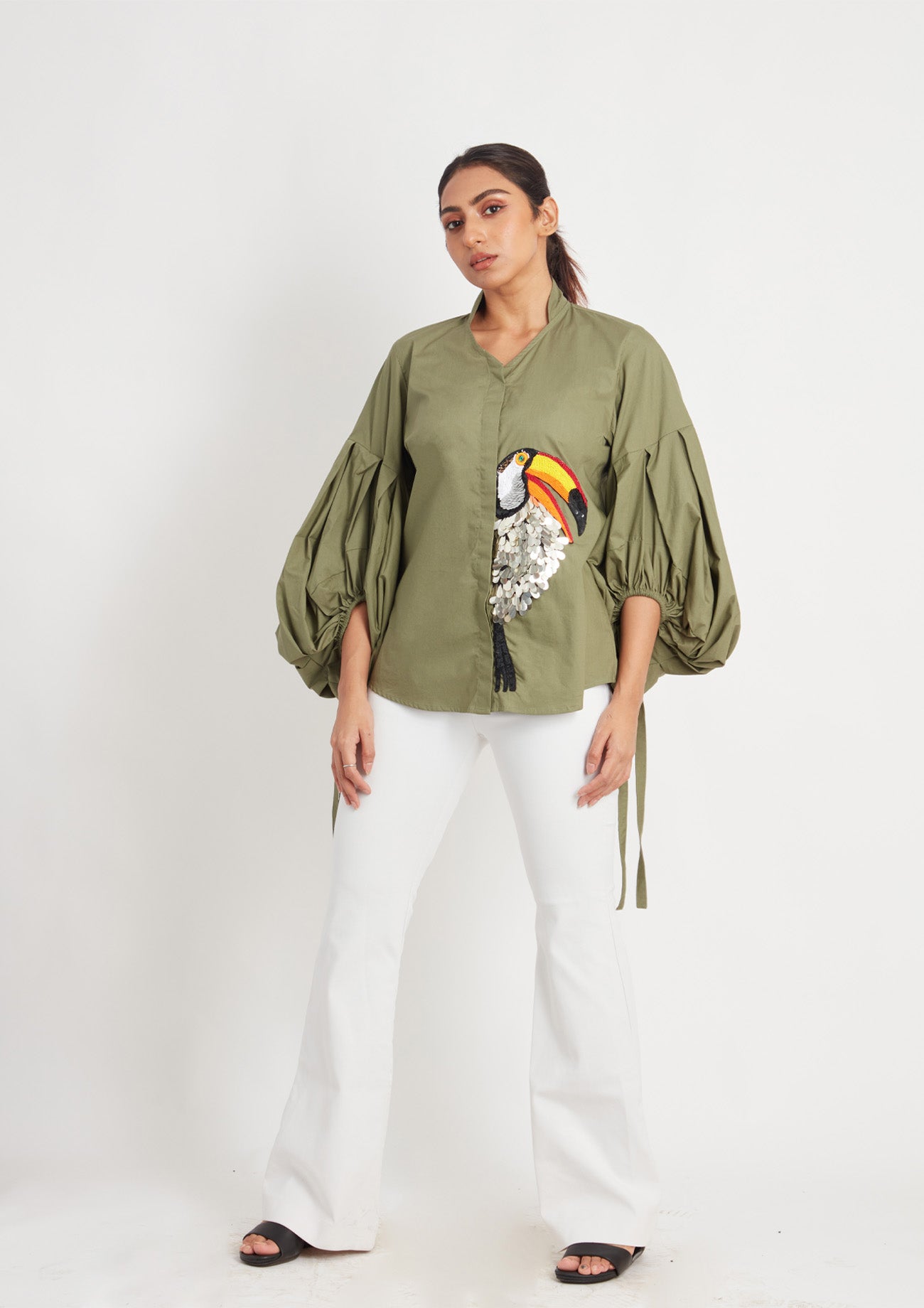 Olive Comfort Fit Cotton Shirt with Balloon Sleeves