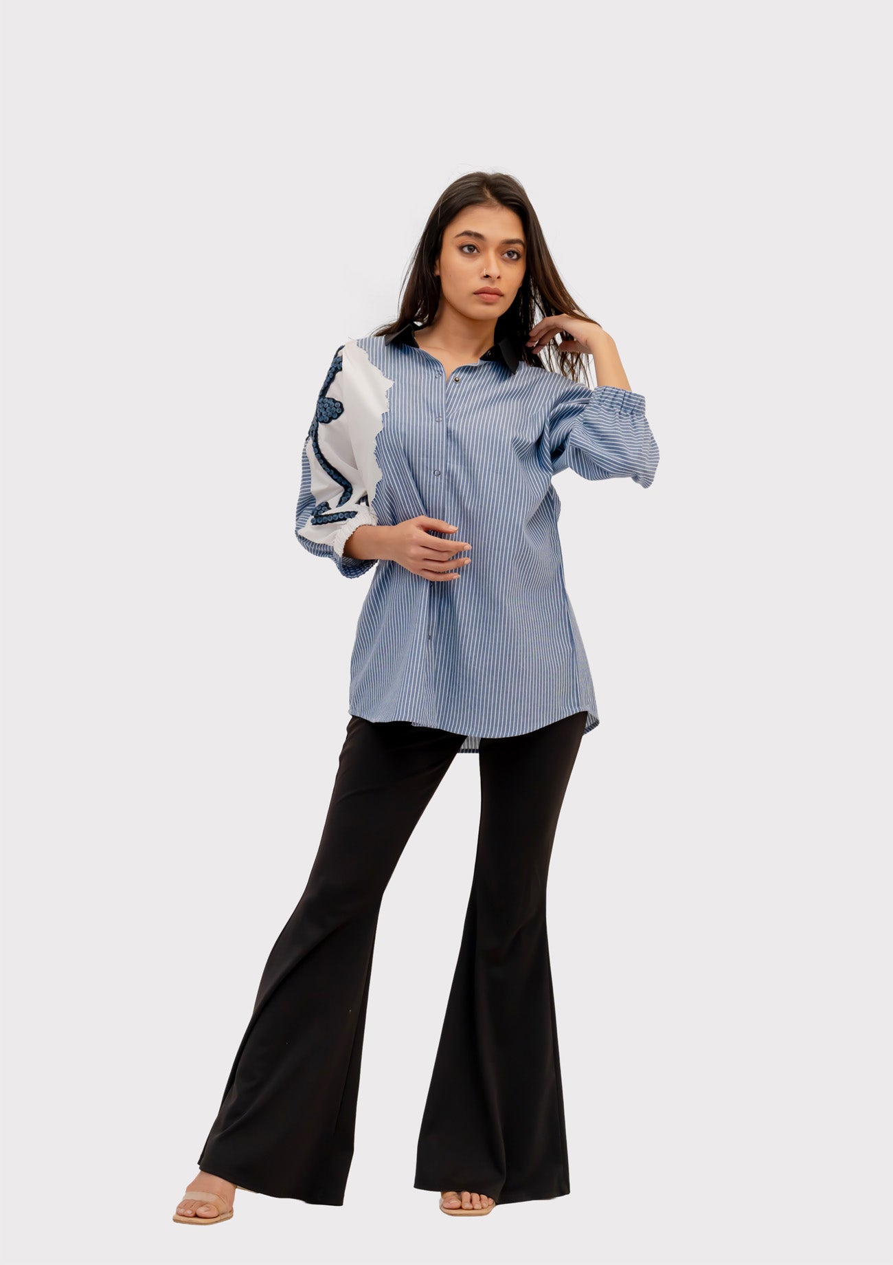 Blue Stripe and White Cotton Shirt with Embroidery