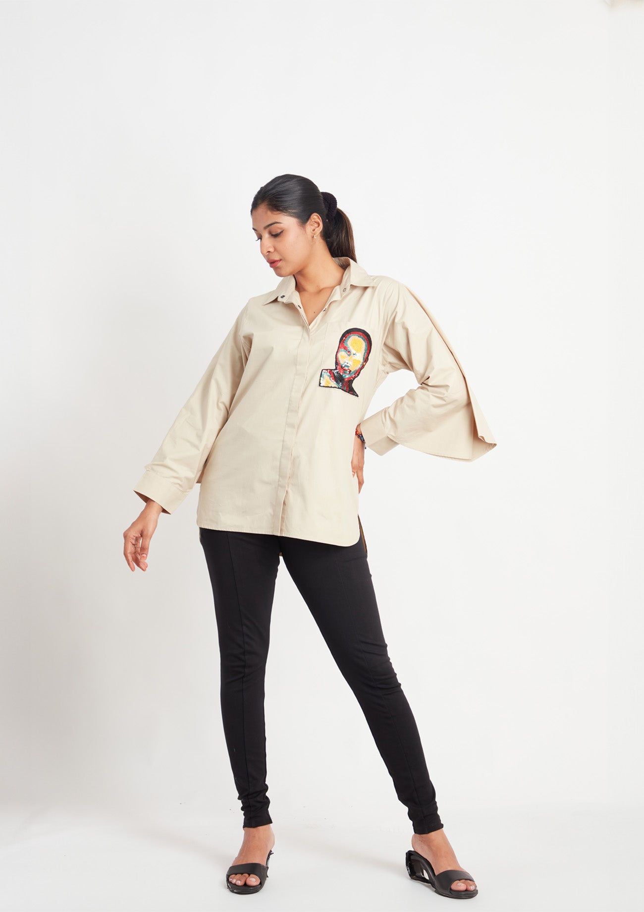 Beige Comfort Fit Cotton Shirt with Pockets and Cape Sleeves