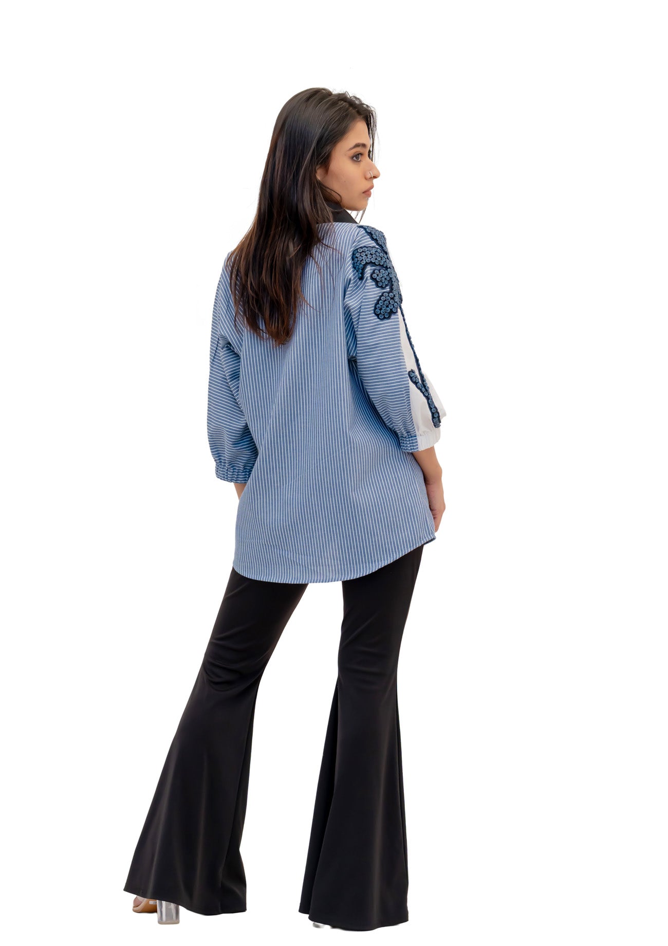 Blue Stripe and White Cotton Shirt with Embroidery