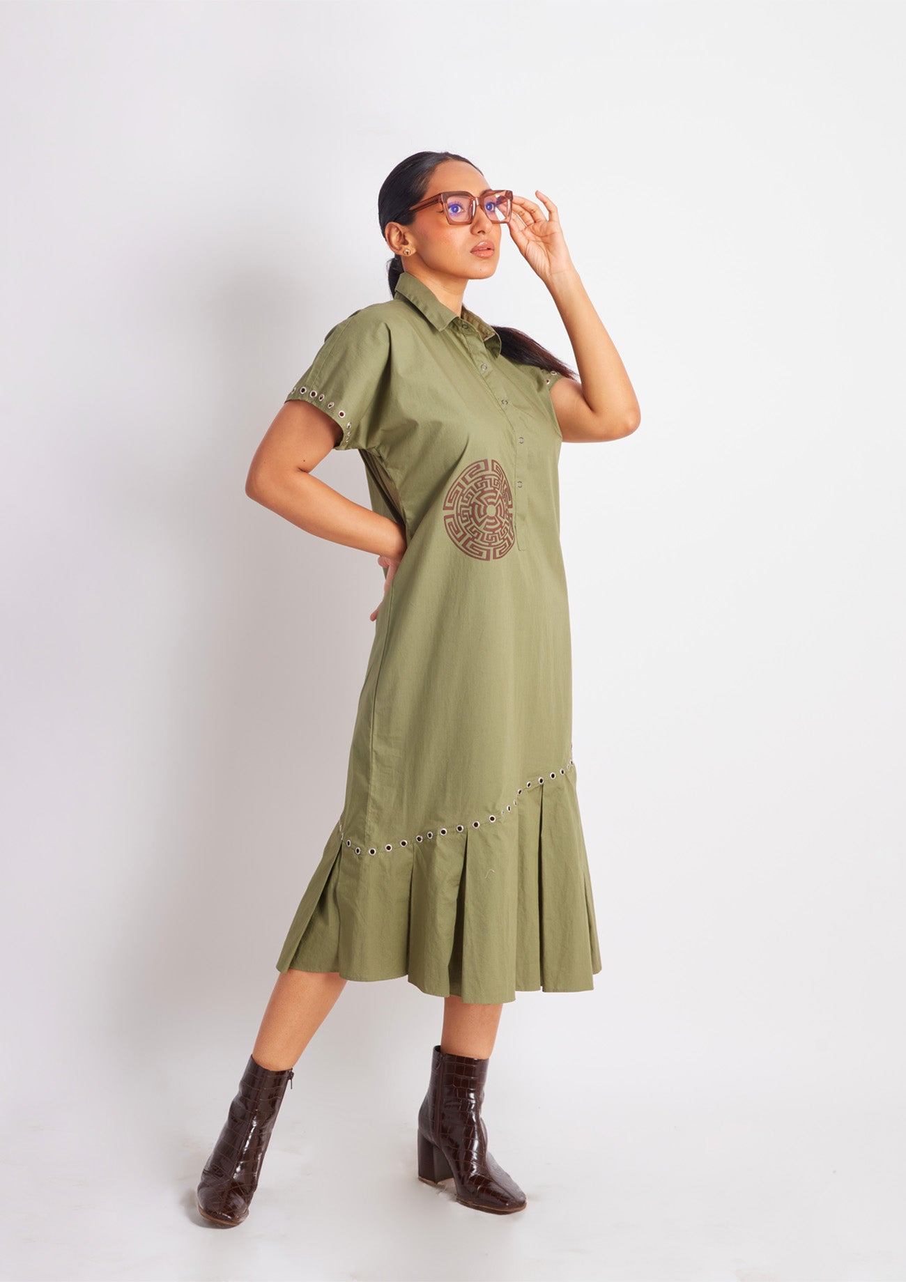 Olive One Piece Cotton Dress with Applique