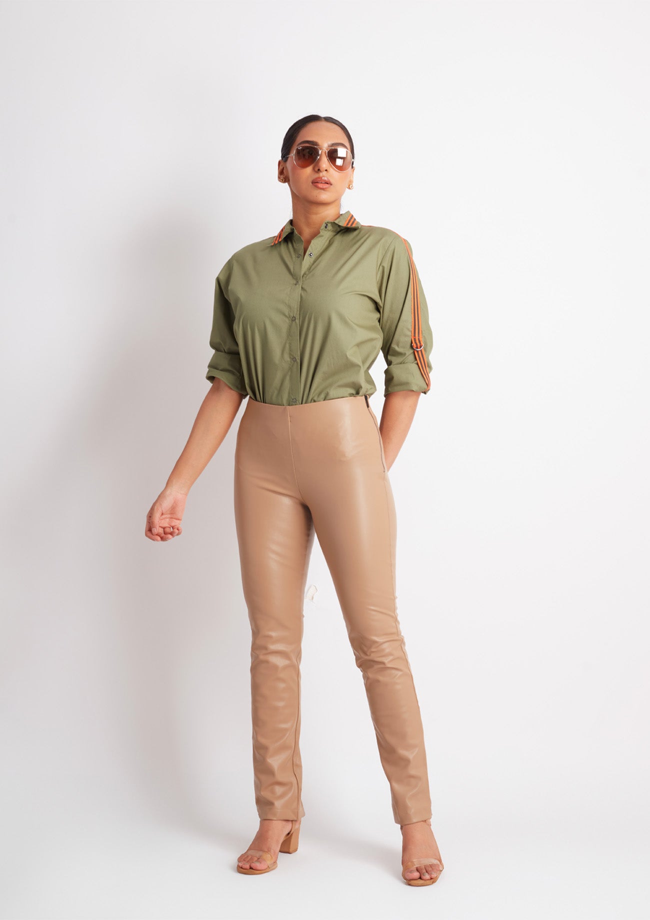 Olive Comfort Fit Cotton Shirt with Embroidery