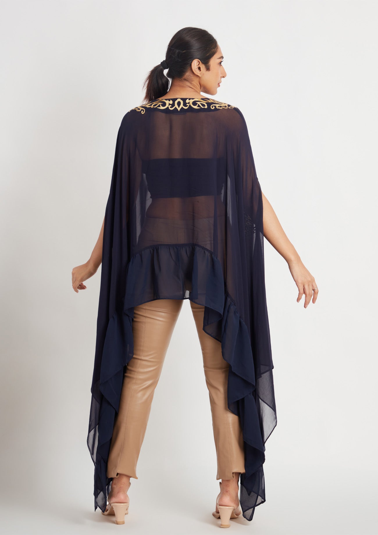 Navy Georgette Frill Cape with Golden Applique