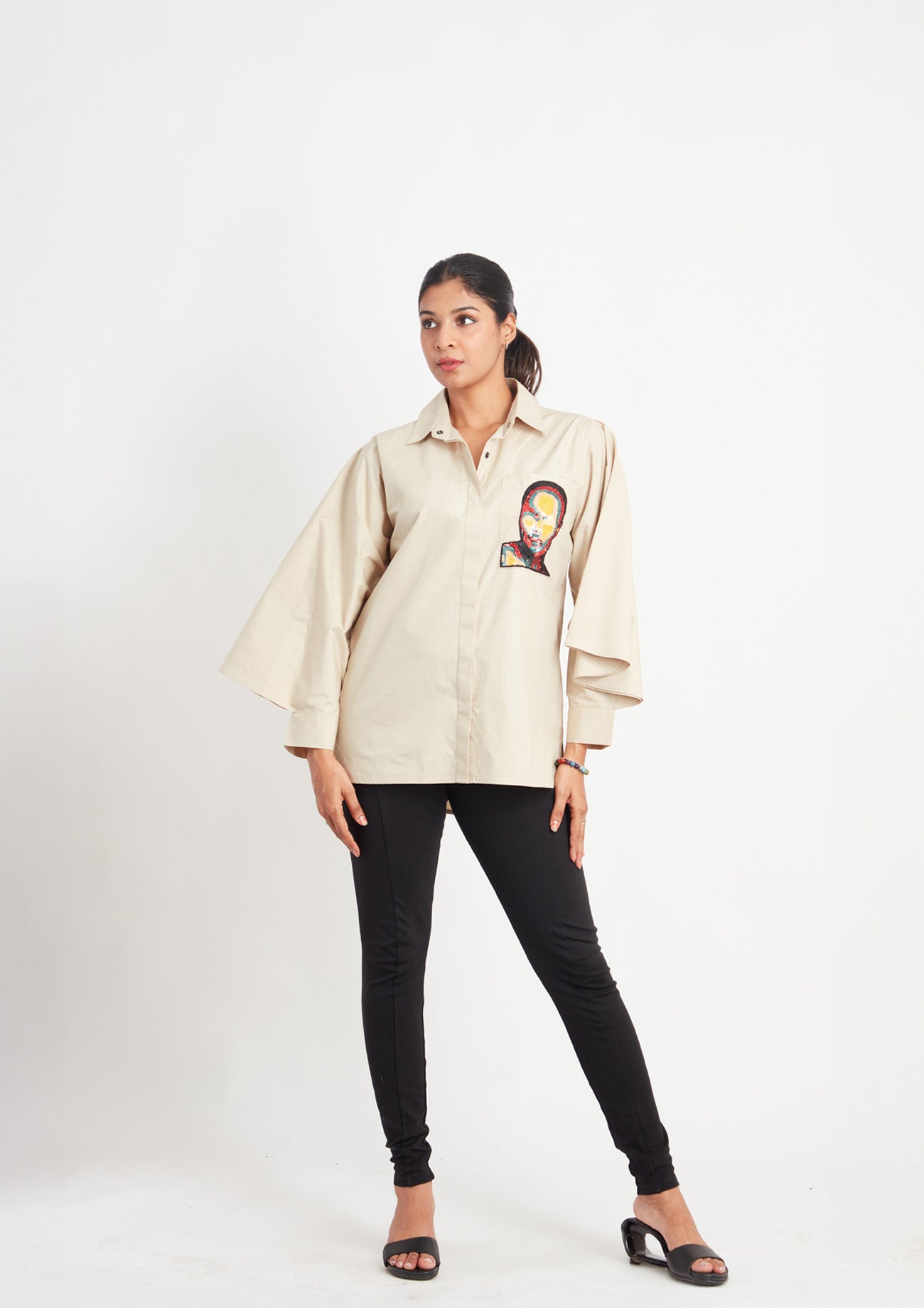 Beige Comfort Fit Cotton Shirt with Pockets and Cape Sleeves