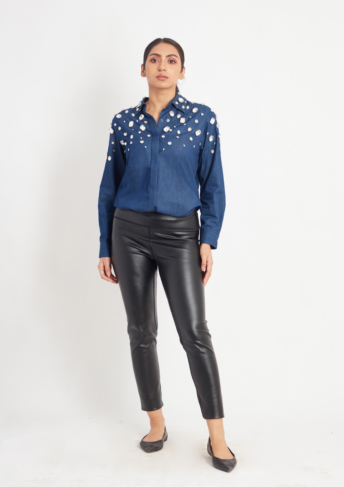 Denim Shirt with White Crystal Embroidery