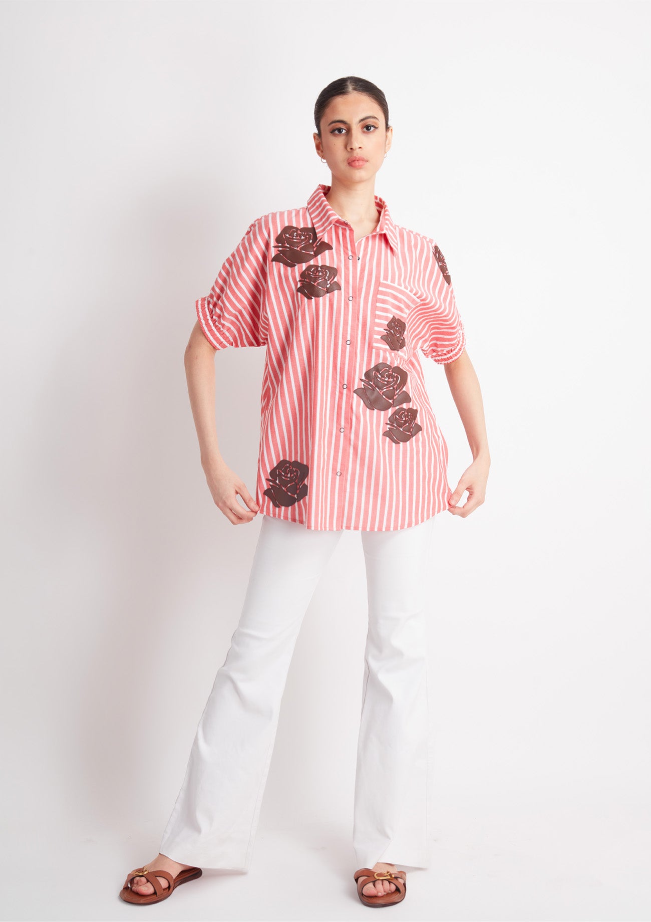 Orange and White Stripes Cotton Shirt with Brown Applique Motifs