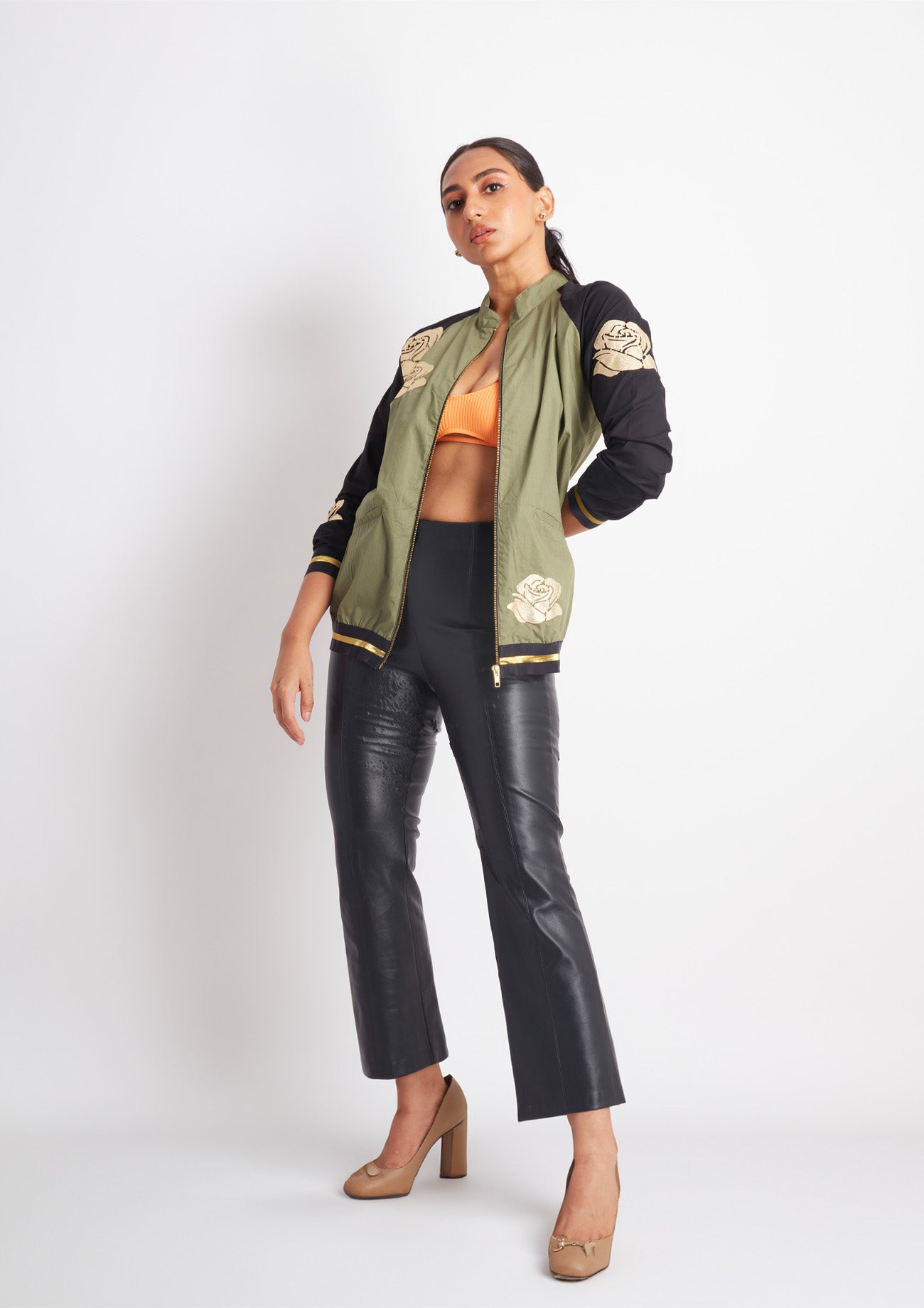 Olive Bomber with Contrast sleeves