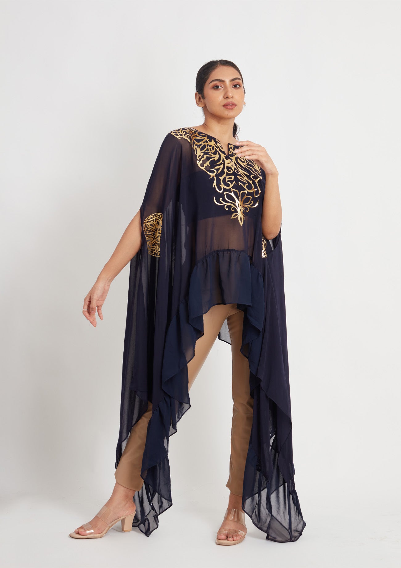 Navy Georgette Frill Cape with Golden Applique