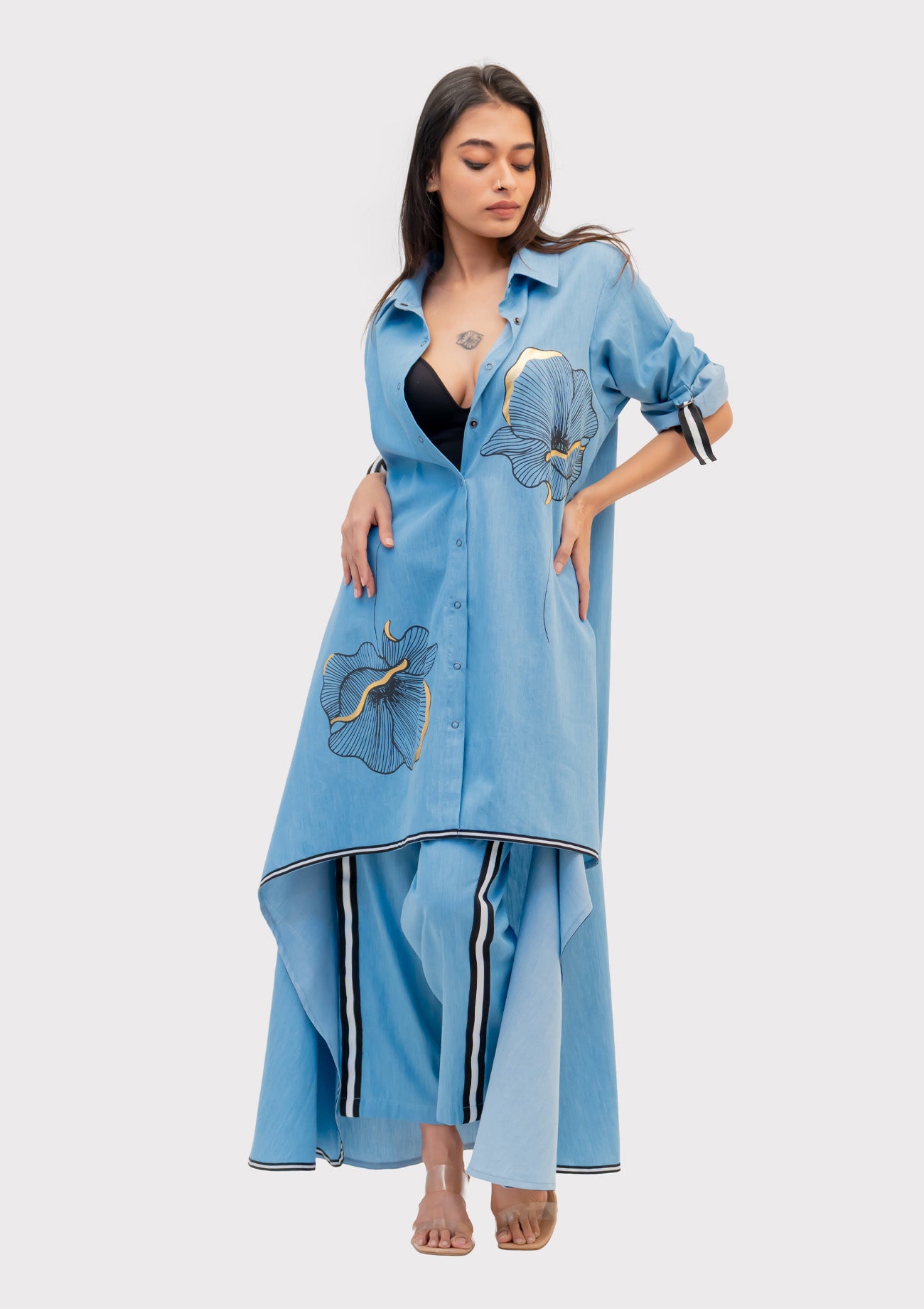 Blue Cotton Denim Tunic and Pants Co-ord set with Print
