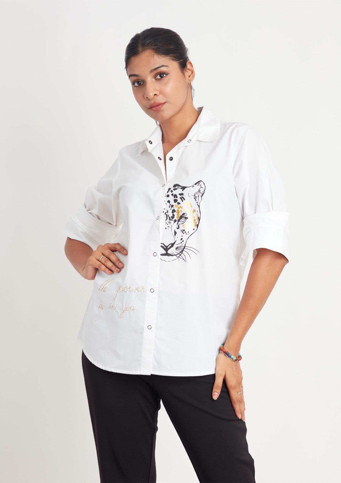 White Comfort Fit Cotton Shirt with Embroidery