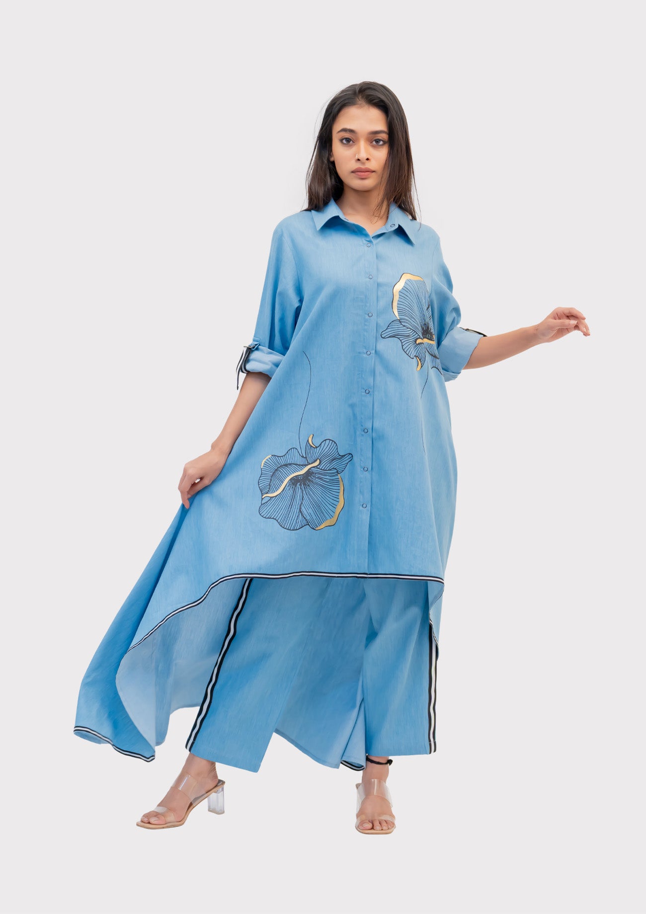 Blue Cotton Denim Tunic and Pants Co-ord set with Print