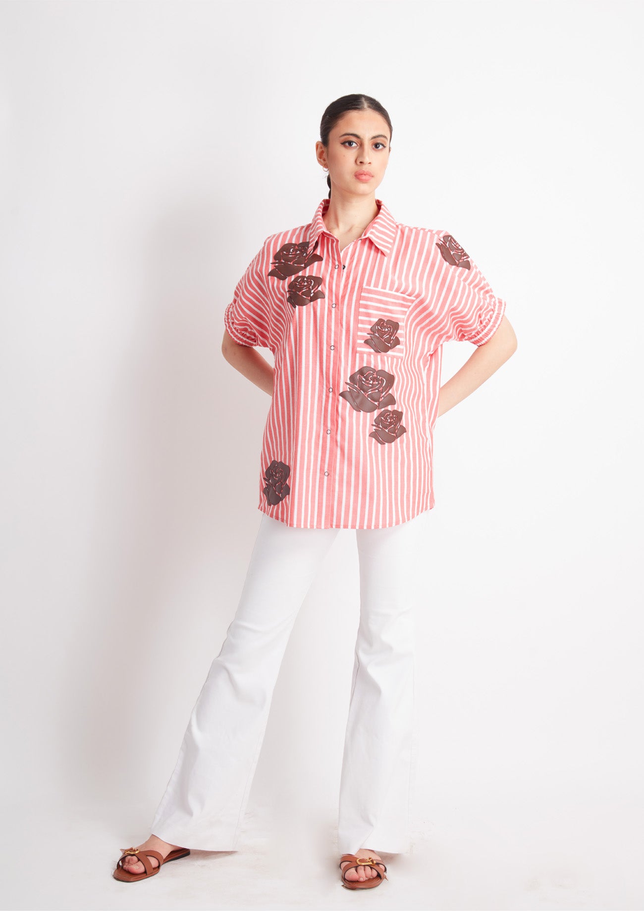 Orange and White Stripes Cotton Shirt with Brown Applique Motifs