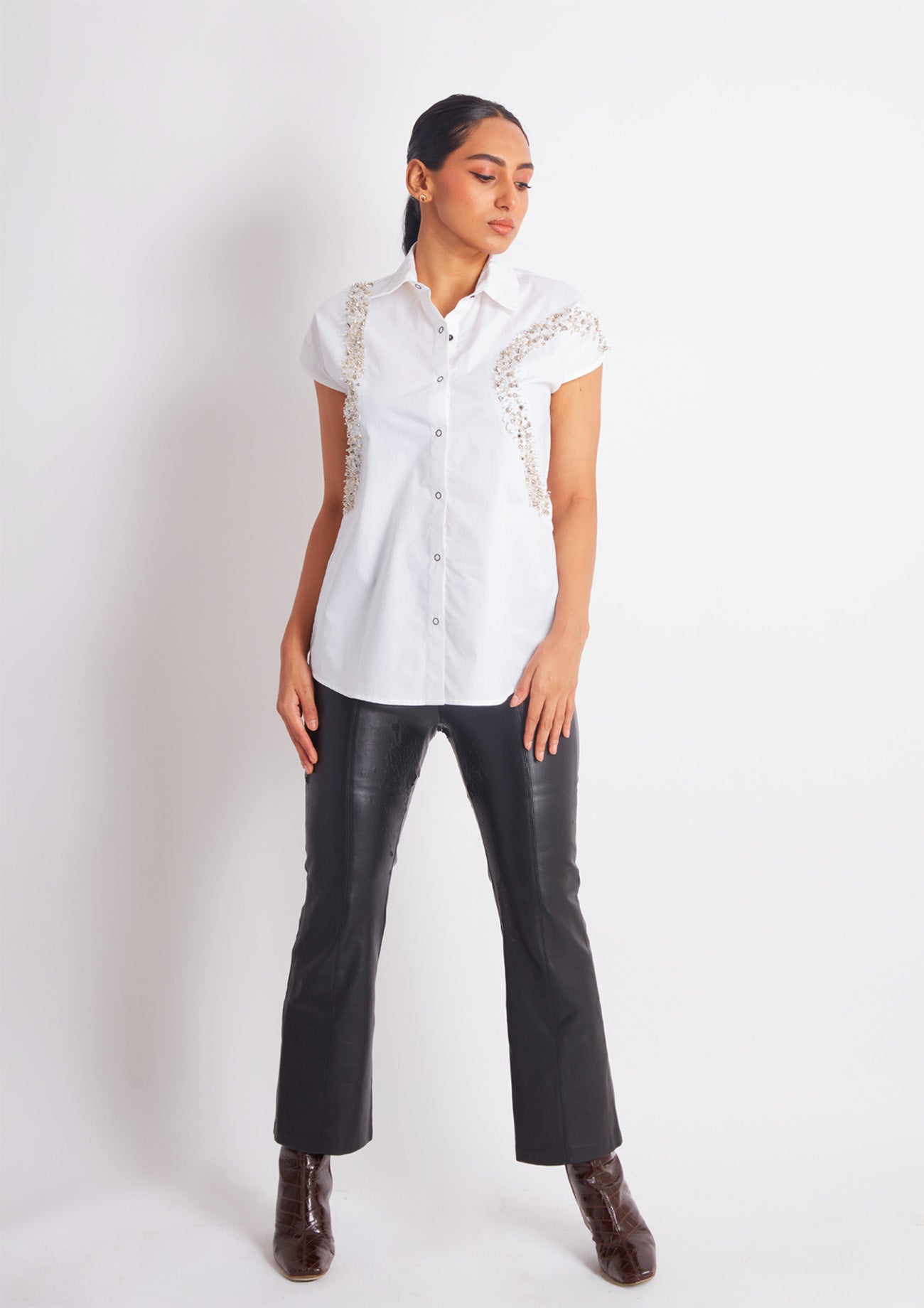 White Comfort Fit Cotton Shirt with Embroidery