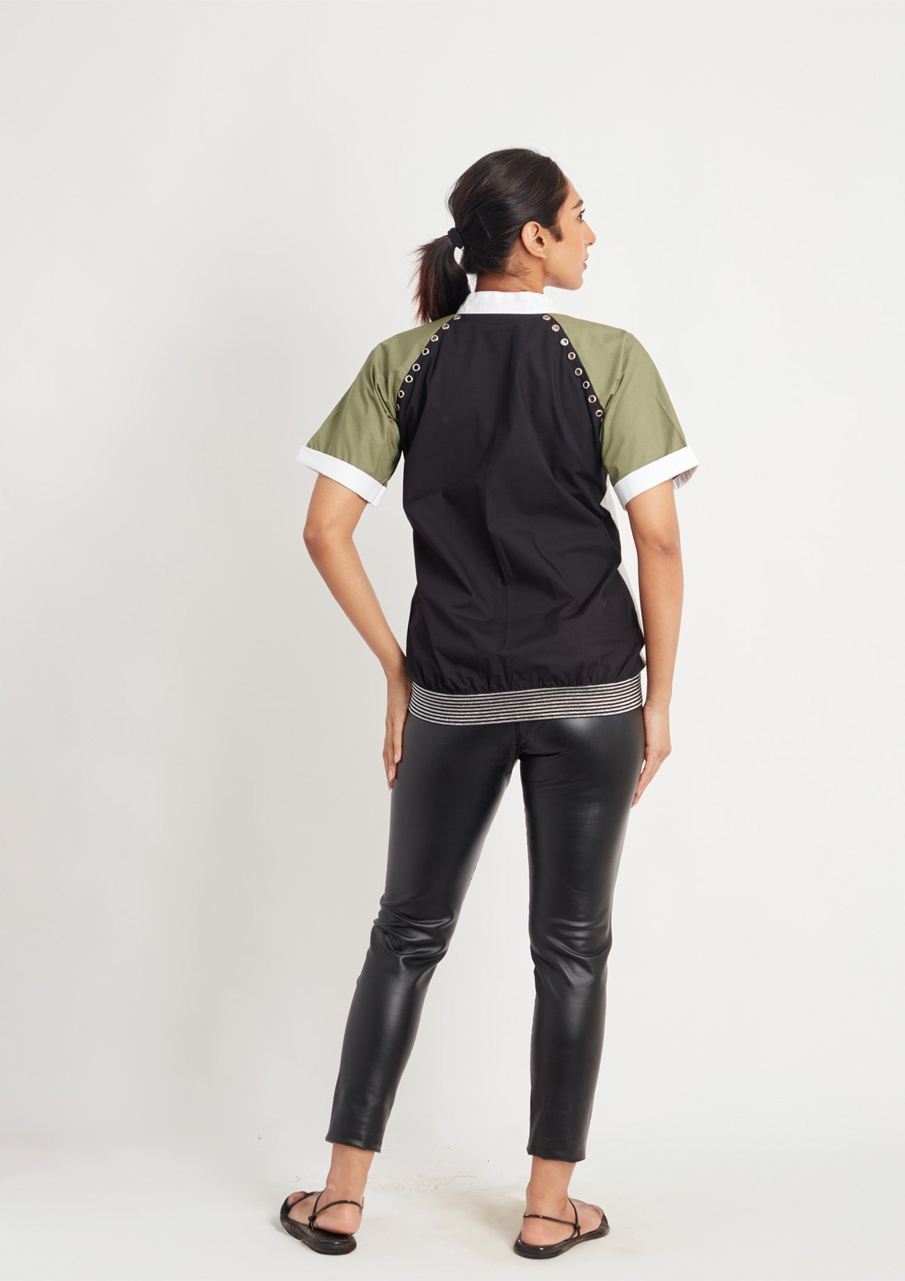 Olive, White and Black Combo Bomber Top with Embroidery