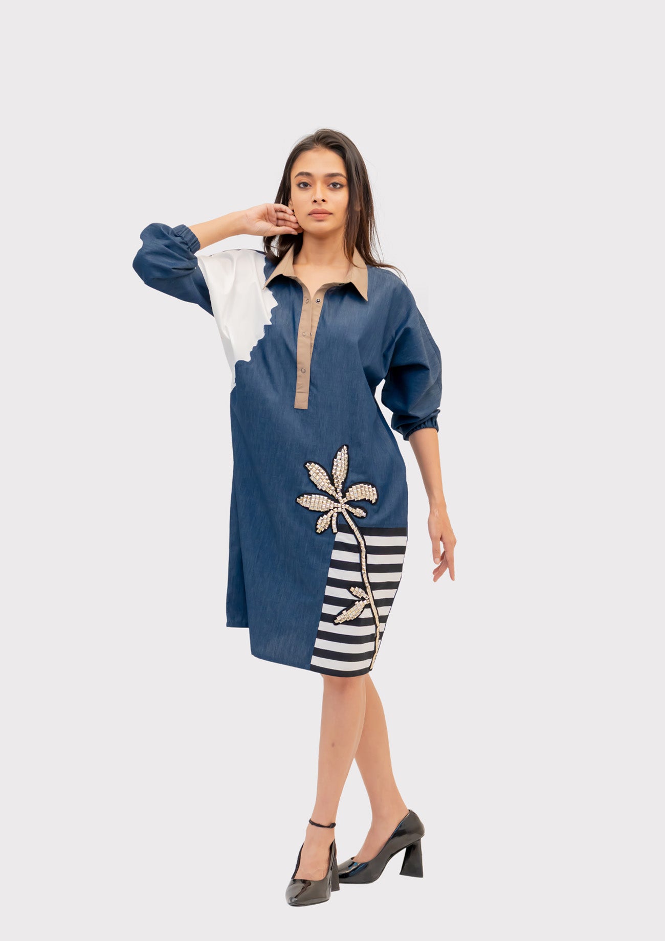 Blue Denim Combo Cotton Dress with Embroidery