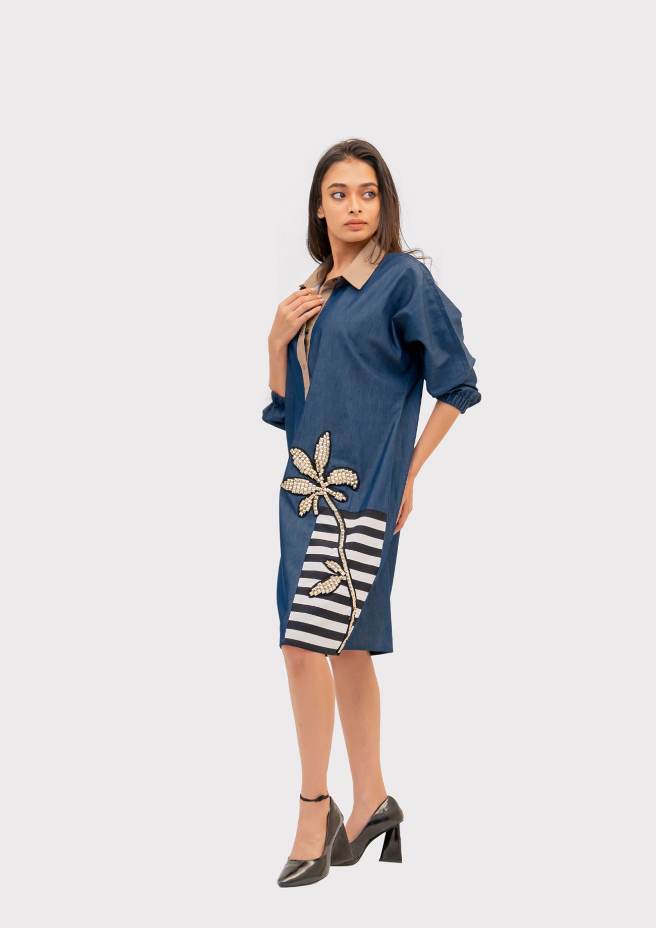 Blue Denim Combo Cotton Dress with Embroidery